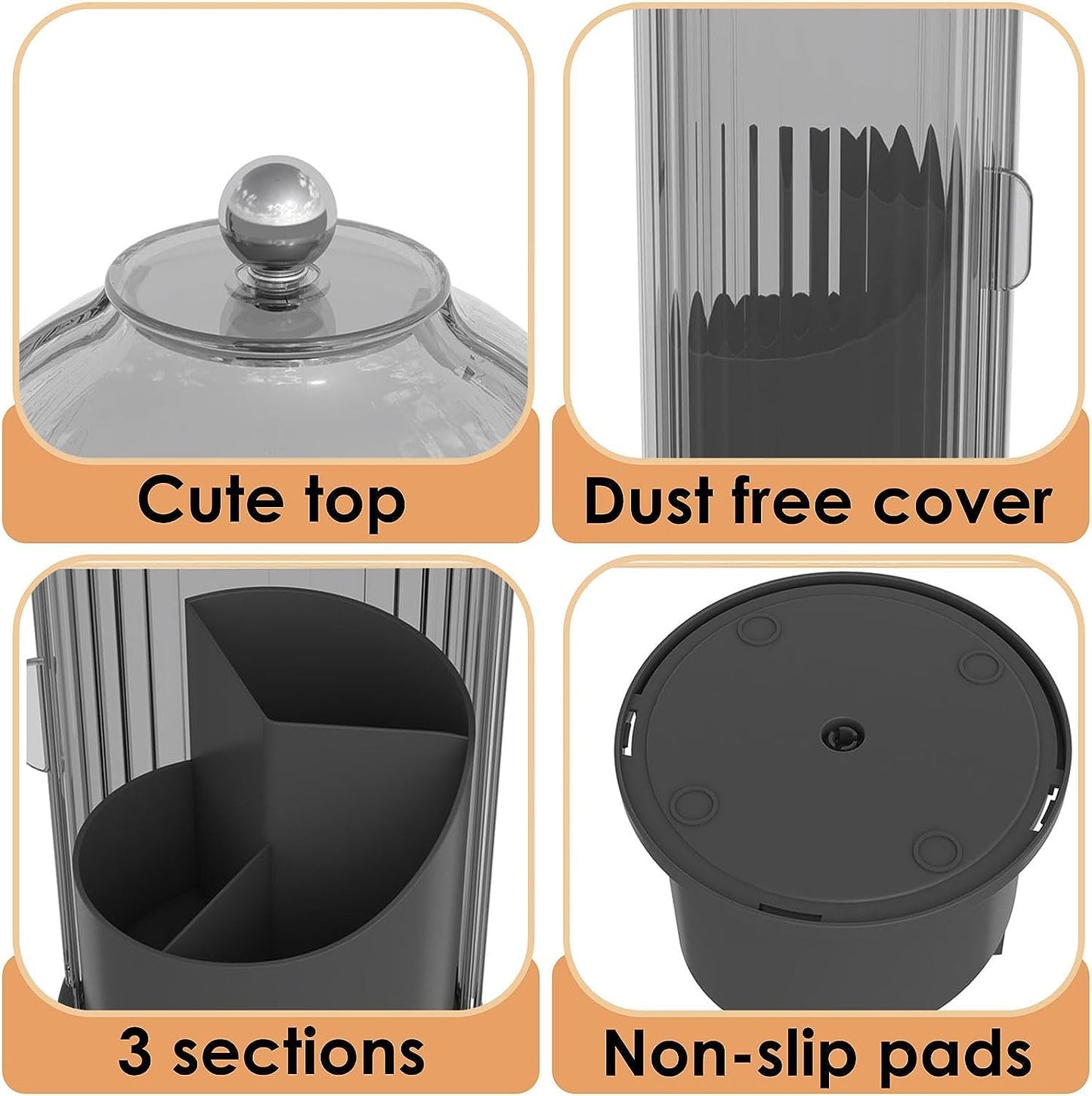 Zufudo Dustproof Toothbrush Holders with Cover, Rotating Electric Toothbrush and Toothpaste Holder for Bathroom Countertop, 3 Slots Makeup Brushes Organizer, Grey Black
