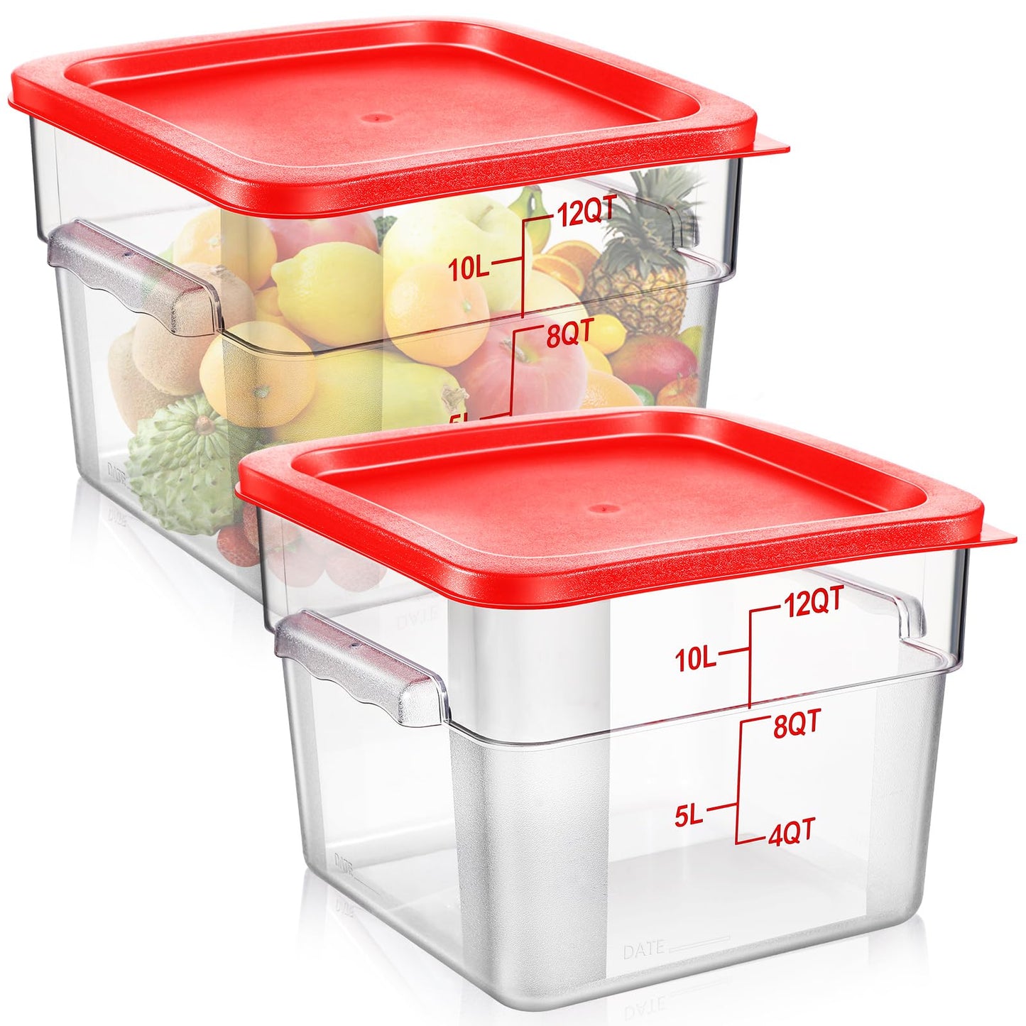 Suclain 2 Pcs Square Food Storage Container Polycarbonate Clear Food Container with Lid Commercial Rice Storage with Graduations for Commercial Kitchen(12 Qt,Red)
