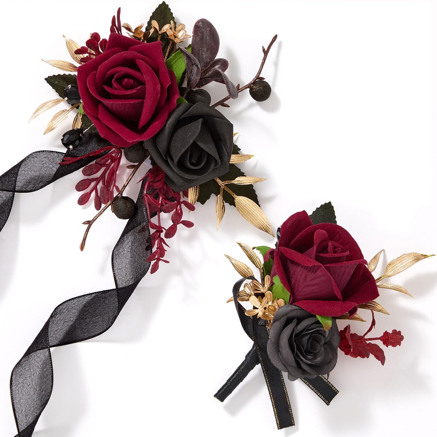 Alecono Burgundy Corsage and Boutonniere Set, Red and Black Rose Corsage Wristlet and Boutonniere for Wedding Prom Flower Accessories Suit Decorations
