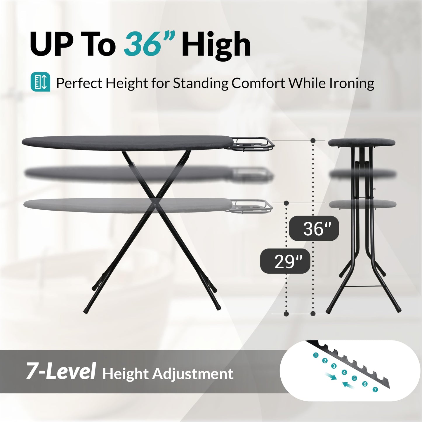ZOES HOMEWARE 2026 Enhanced Ironing Board, Folding Iron Board with Retractable Iron Rest& Hook, 7-Level Height Adjustable Ironing Table with Thermo-Reflective Surface &10mm Thicken Pad, 43"x14"x36"