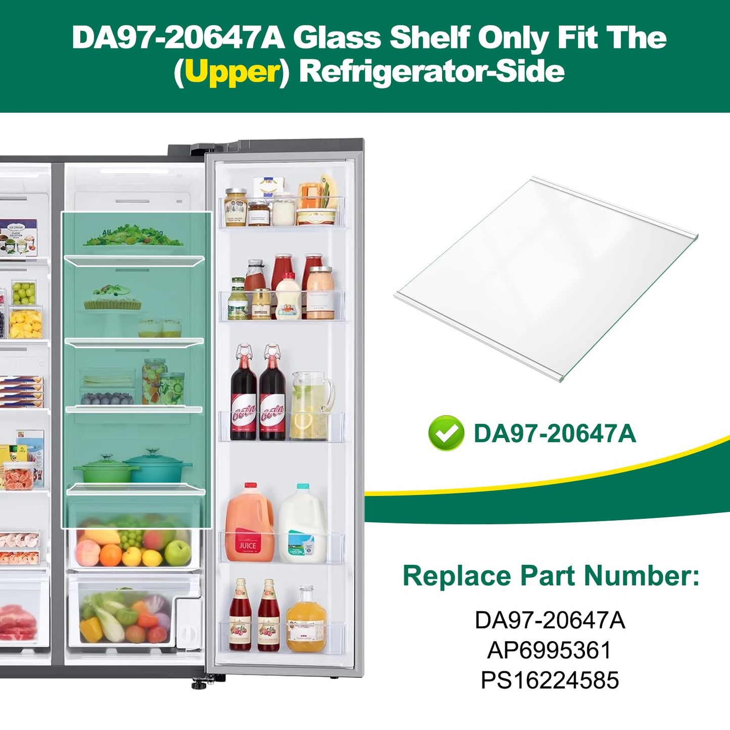 POOLKEY Upgraded DA97-20647A Refrigerator Glass Shelf Replacement Compatible with Samsung Fridge Upper Glass,Tempered Glass Shelf Parts RS27T5201SR/AA, RS27T5200SR/AA, RS27T5200SG/AA, RS27T5561SR/AA
