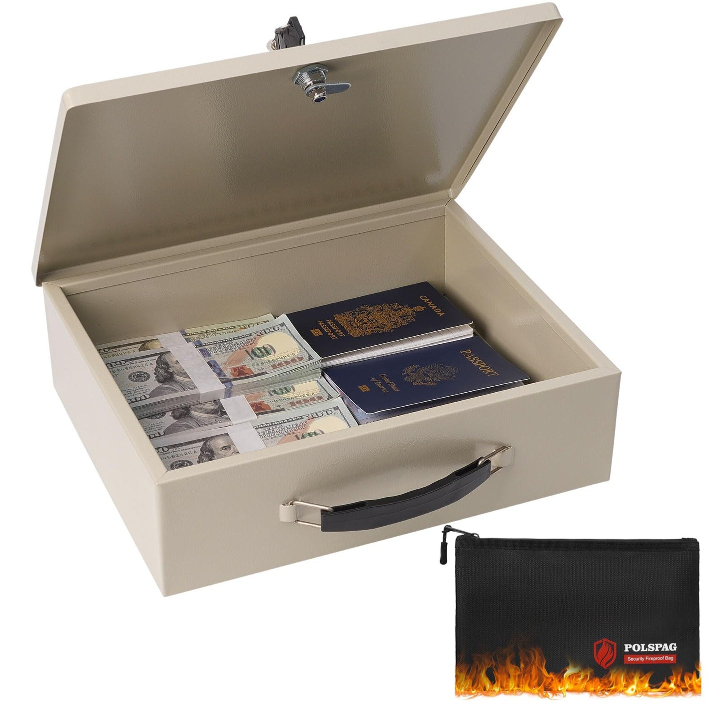 Polspag Fireproof Document Box with Key Lock & Fireproof Money Bag,Safe Storage Boxfor Valuables,Key Lock Security with Carrying Handle,Fireproof Box for Documents,Passport Extra Large (White, Large)