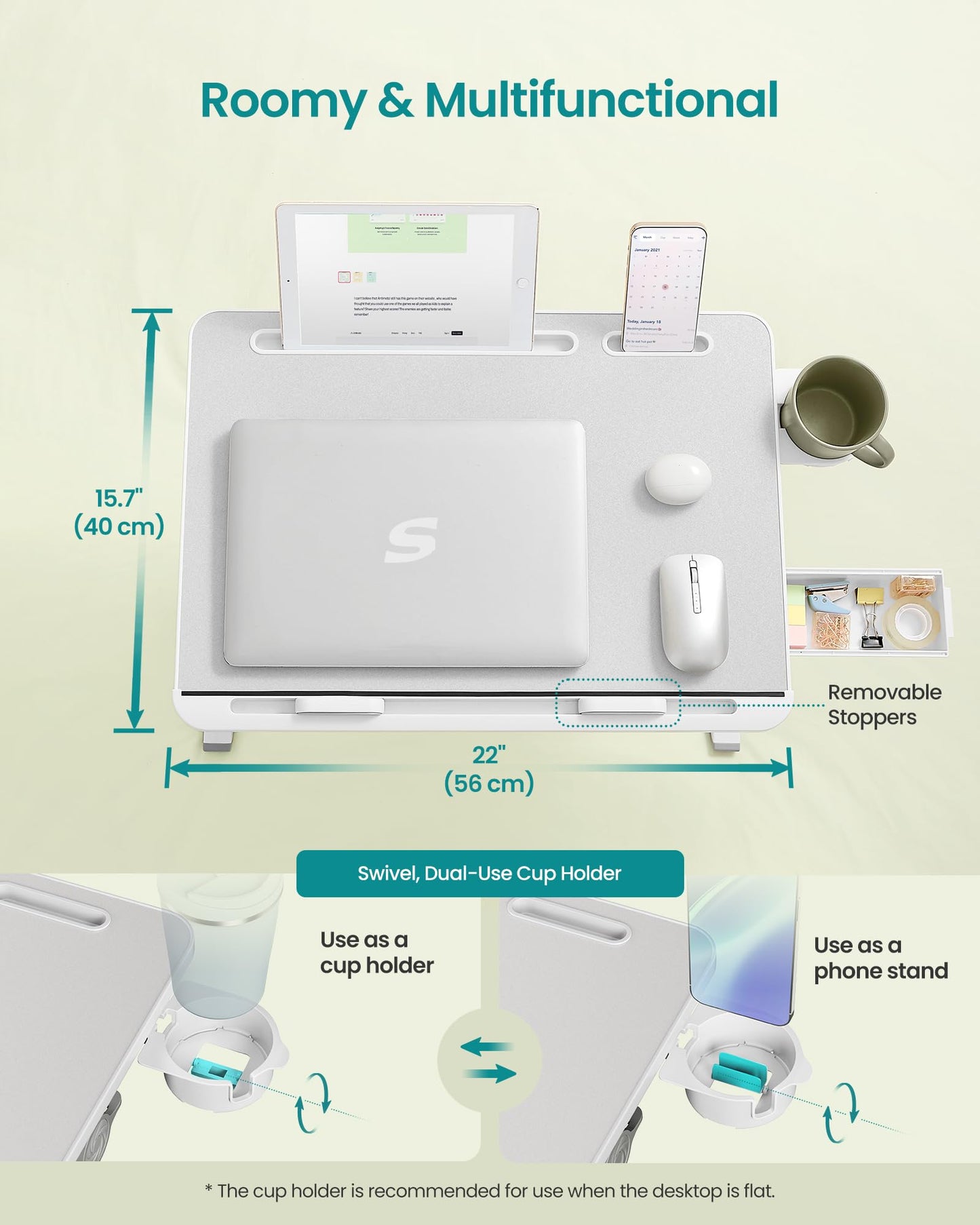 SONGMICS Bed Laptop Desk, Foldable Bed Desk for Laptop, 15.7 x 22 Inches Large Desktop, 120° Stepless Tilt, Adjustable Height, Cup Holder, Tray, Portable Bed Sofa Table, Gray ULLD113GZ01