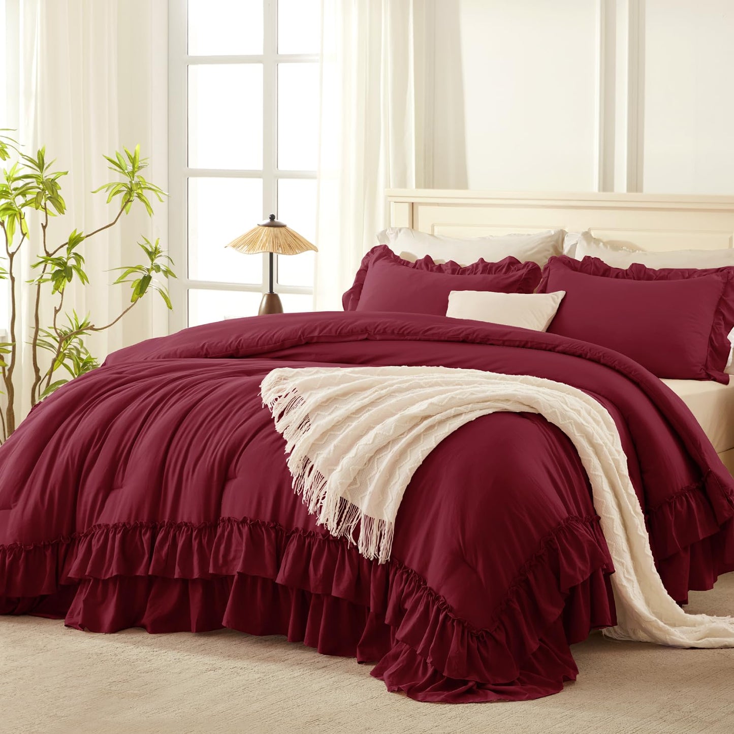 Andency Burgundy Comforter Set Queen Size, Lightweight Fluffy Farmhouse Ruffle Bedding Set, Soft Polyester All Season Shabby Chic Bed Comforter Set 3 Pieces(1 Comforter 2 Pillowcases)