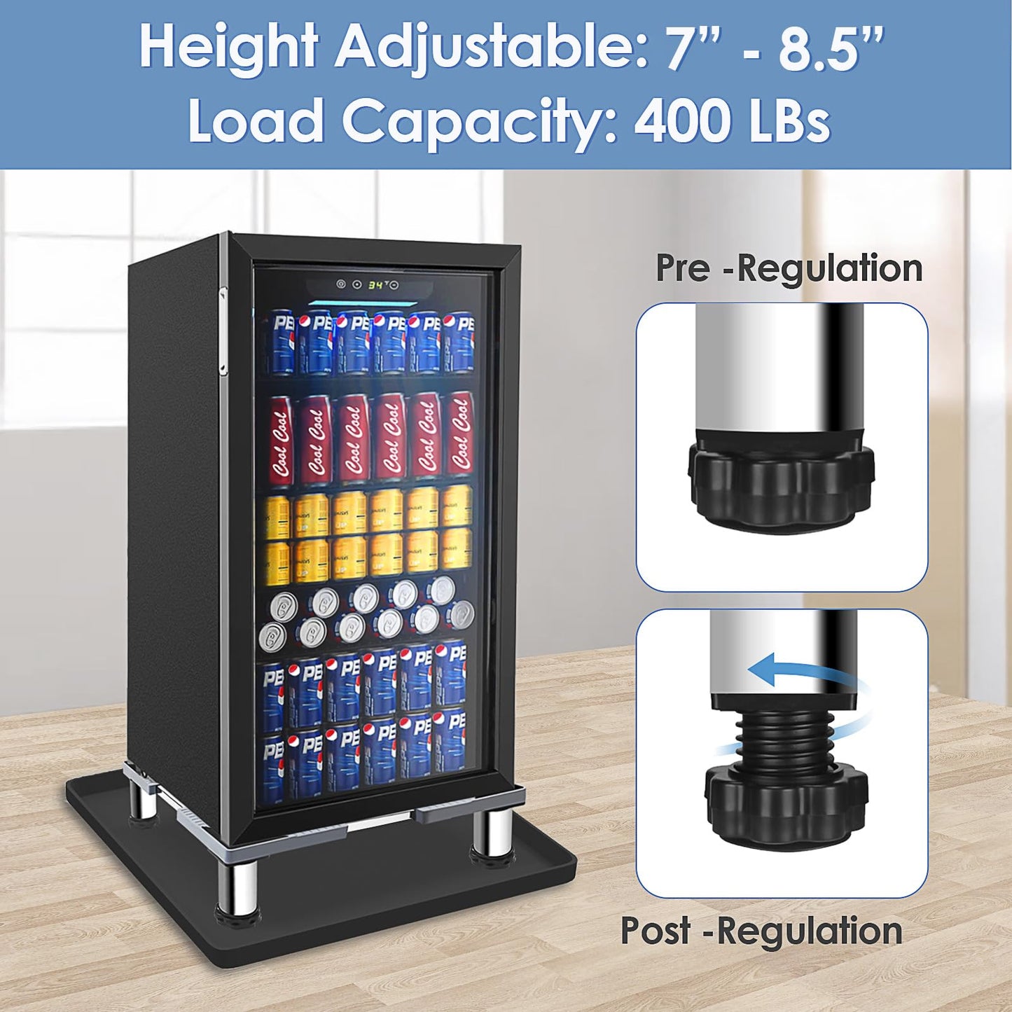 Mini Fridge Stand with 23.6'' x 23.6'' Silicone Mat, 7"-8.5" High Adjustable Small Refrigerator Stand with 4 Stainless steel Feet, Mini Refrigerator Stand with Mat Portable Washer and Dryer Pedestal