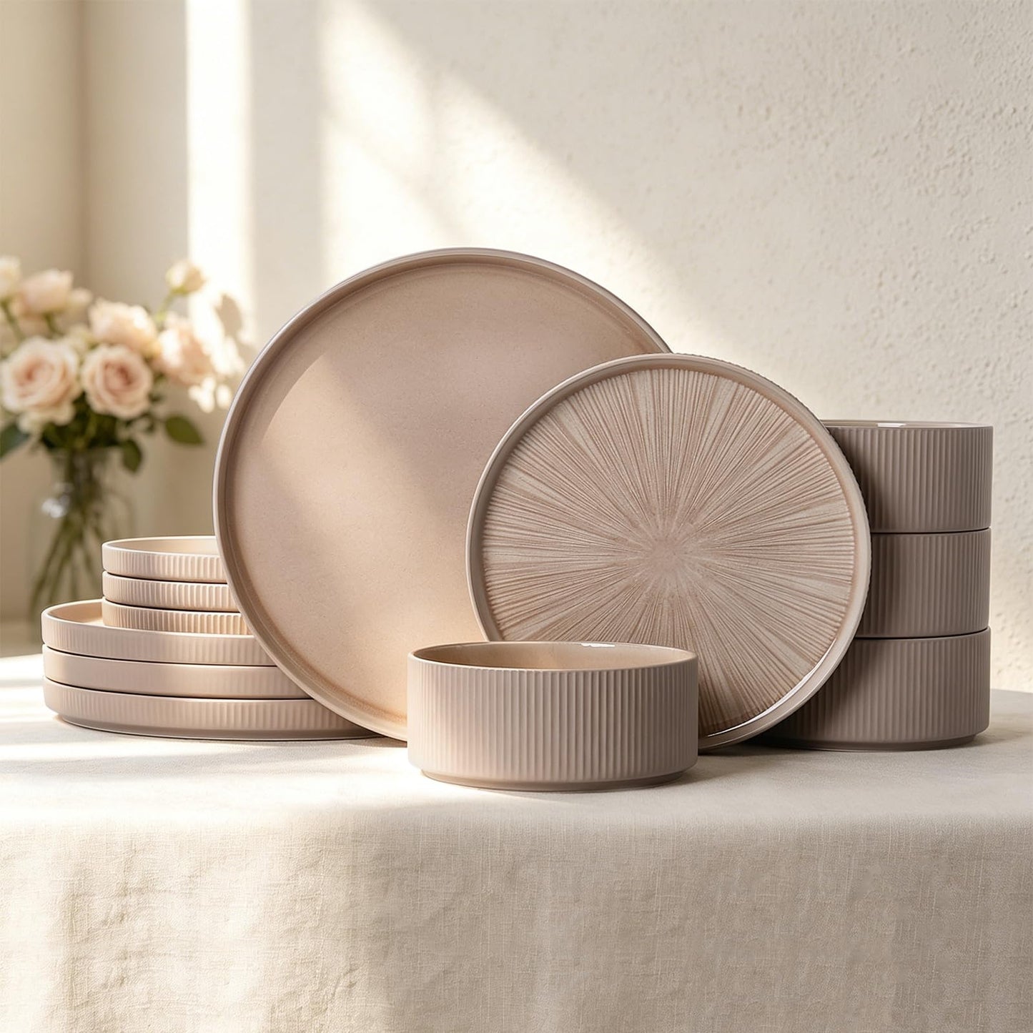 ALOFMO Dinnerware Sets for 4, Ceramic Plates and Bowls Set 12 Piece Dinnerware Chip Resistant Stoneware with Advanced Inkjet Printing Technology, Dishwasher and Microwave Safe-Dusty Brown