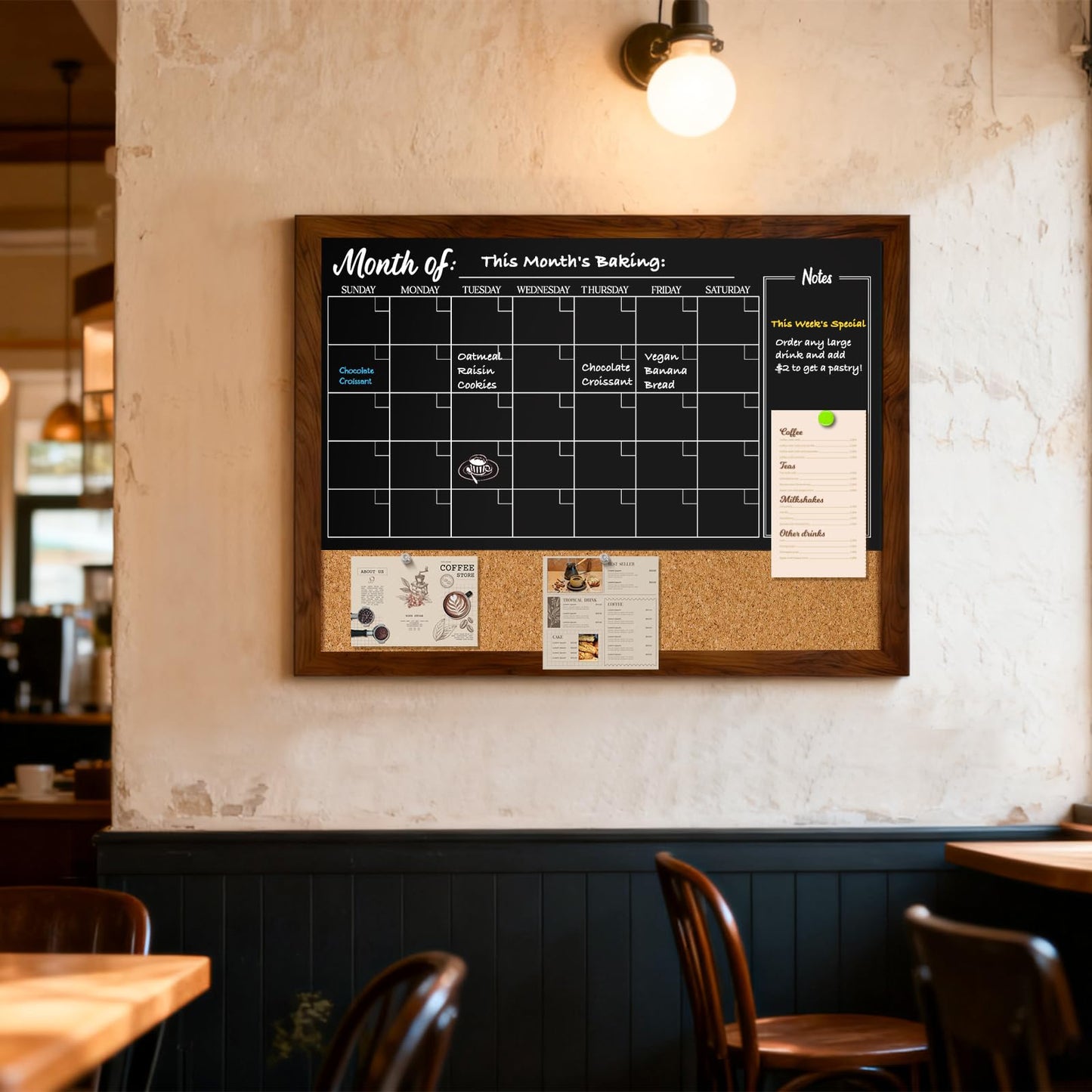 DOLLAR BOSS Chalkboard Calendar Corkboard Combo, 24" x 18" Magnetic Chalk Board Monthly Planner & Natural Cork Bulletin Rustic Wood Frame for Office Home School with 4 Markers, 8 Magnets, 10 Pins