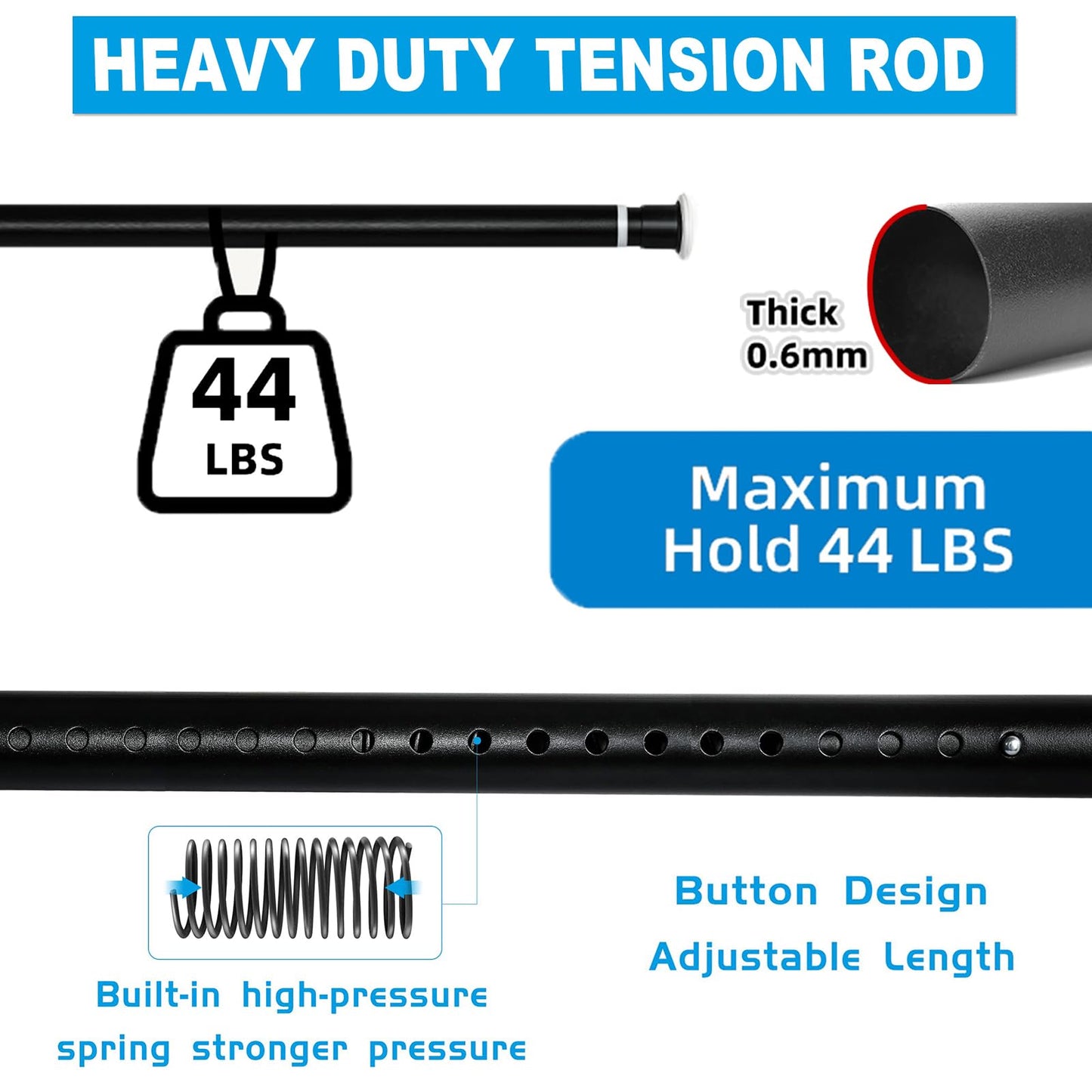 Ginbel Direct Tension Curtain Rod 43 to 162 Inches (3.6 to 13.5 ft), 1.26" Diameter Spring Adjustable Heavy Duty Long Large Curtains Pole for Windows Door Bathroom Patio Outdoor No Drilling, Black