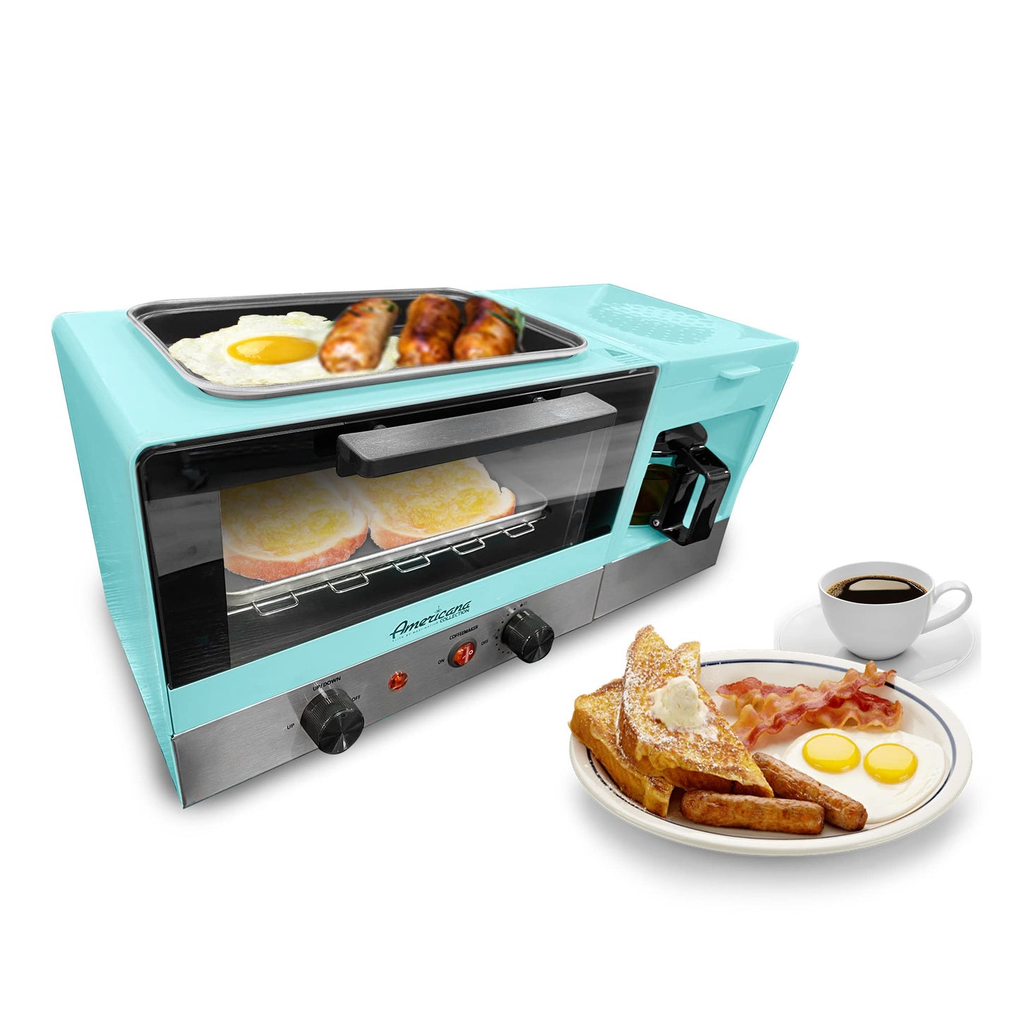 Elite Gourmet Americana 2 Slice, 9.5" Griddle with Glass Lid, 3-in-1 Breakfast Center Station, 4-Cup Coffeemaker, Toaster Oven with 15-Min Timer, Heat Selector Mode, Blue