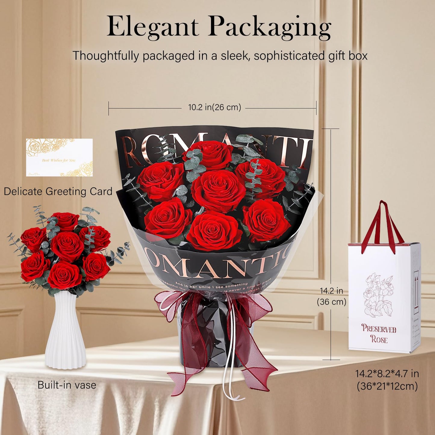 Preserved Flowers Bouquet 7 Roses - Red Real Rose & Flowers for Delivery, Eternal Roses Bouquet with Gift Box, Mothers Day Gifts for Mom Grandma Wife, Anniversary Birthday Gifts for Women, Black