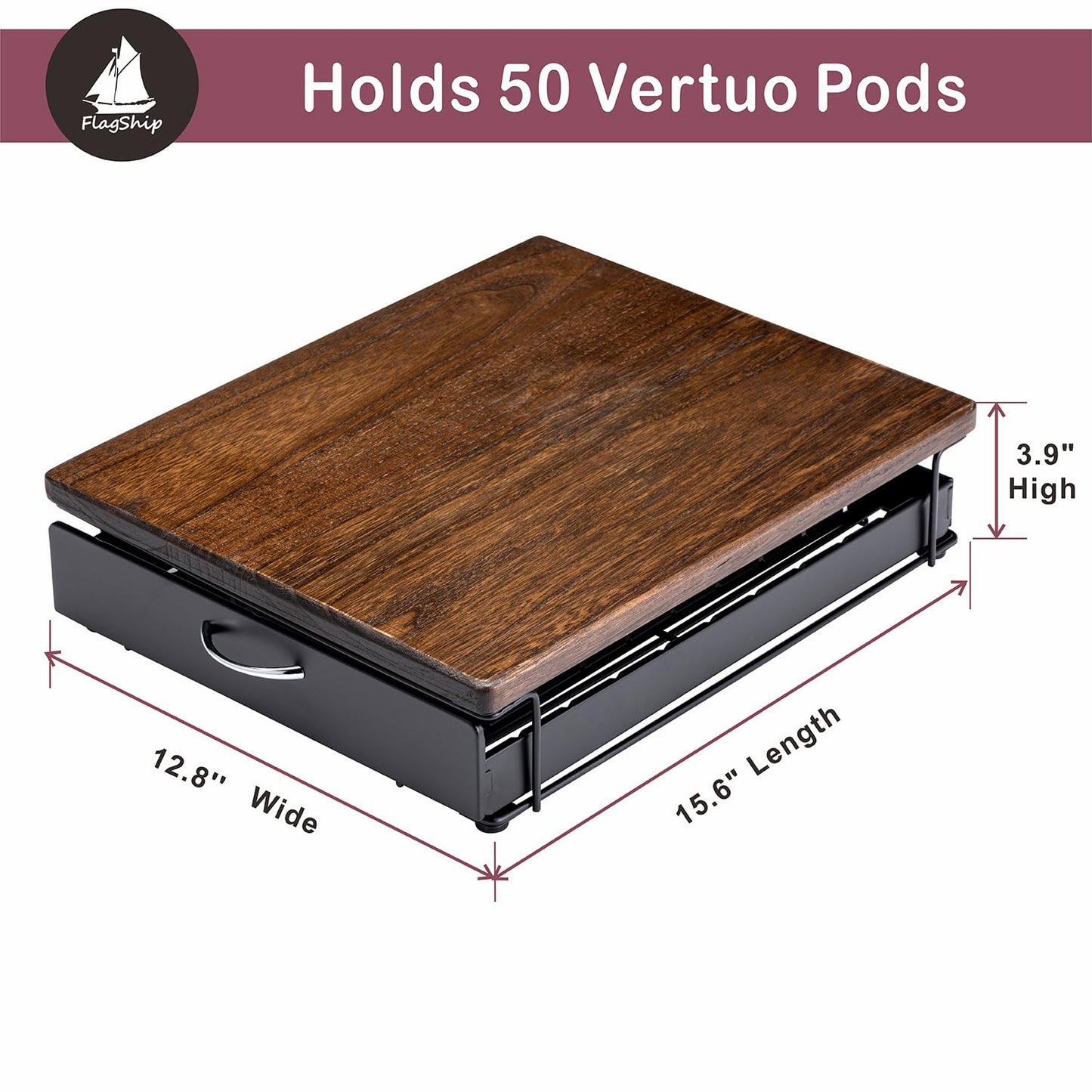FlagShip for Nespresso Pod Holder Vertuo Pod Drawer Coffee Pod Storage for Vertuo Pod with Elegant Wood Top(50 Pods Capacity)