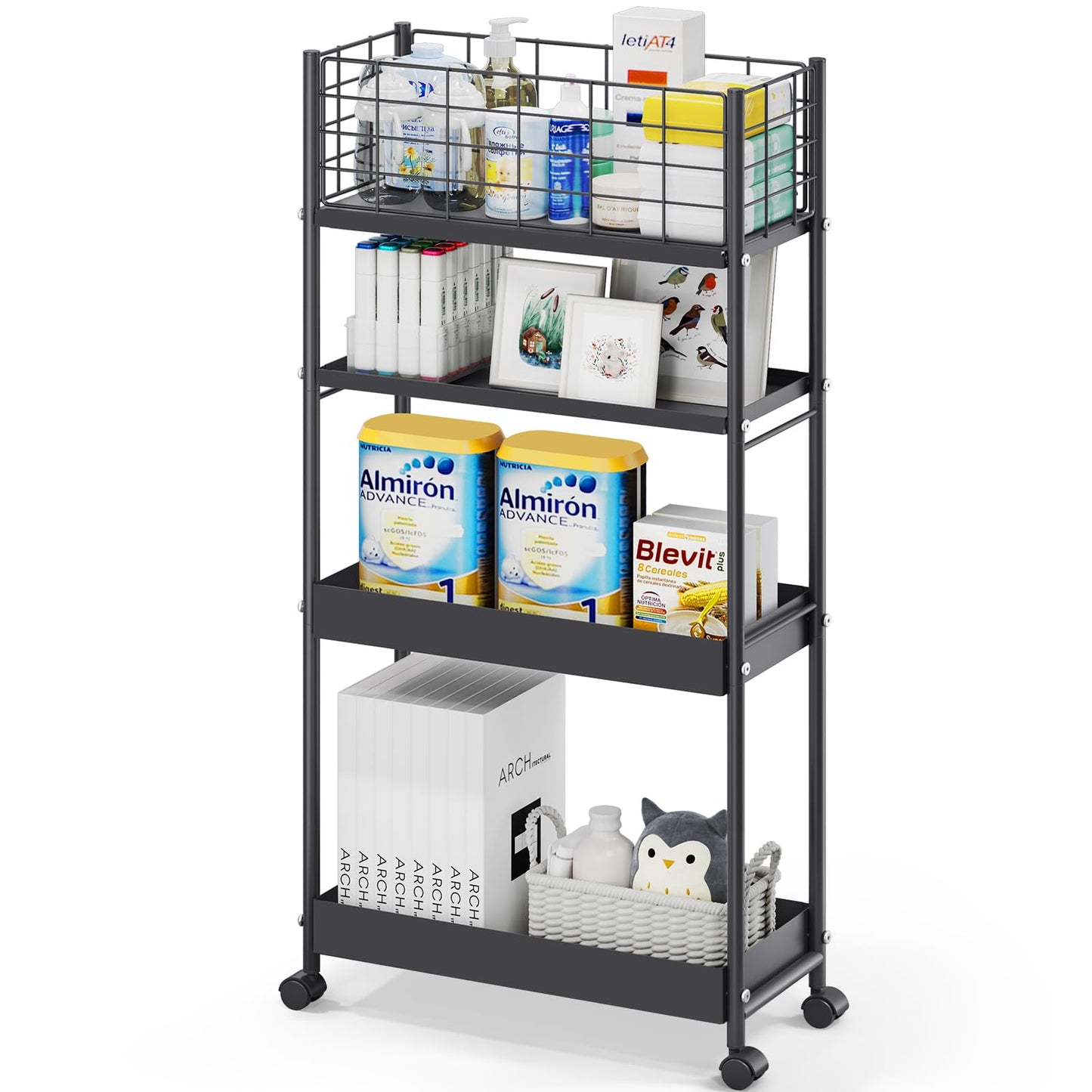 KINGRACK Slim Rolling Storage Cart 4 Tier - Heavy Duty Metal Utility Cart with Raised Edge & Wheels, Narrow Mobile Organizer Shelves for Bathroom, Kitchen, Laundry, Office, Living Room, Black