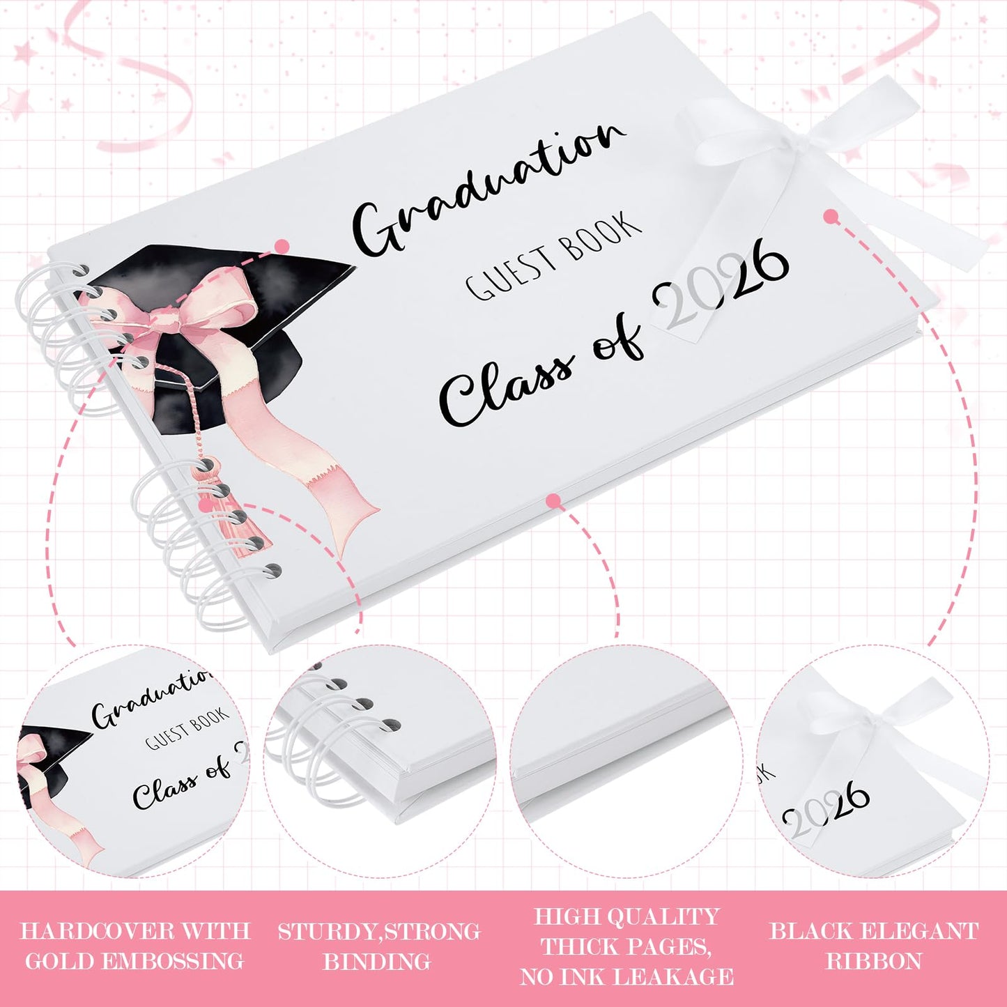 12 Pcs 2026 Graduation Guest Book with Photo Sign Decor 80 Pages Class of 2026 Scrapbook Photo Album with 10 DIY Dual Tip Metallic Markers Pens Gift, Exclude Camere(Pink Bow,Pink,10.4 Inches)
