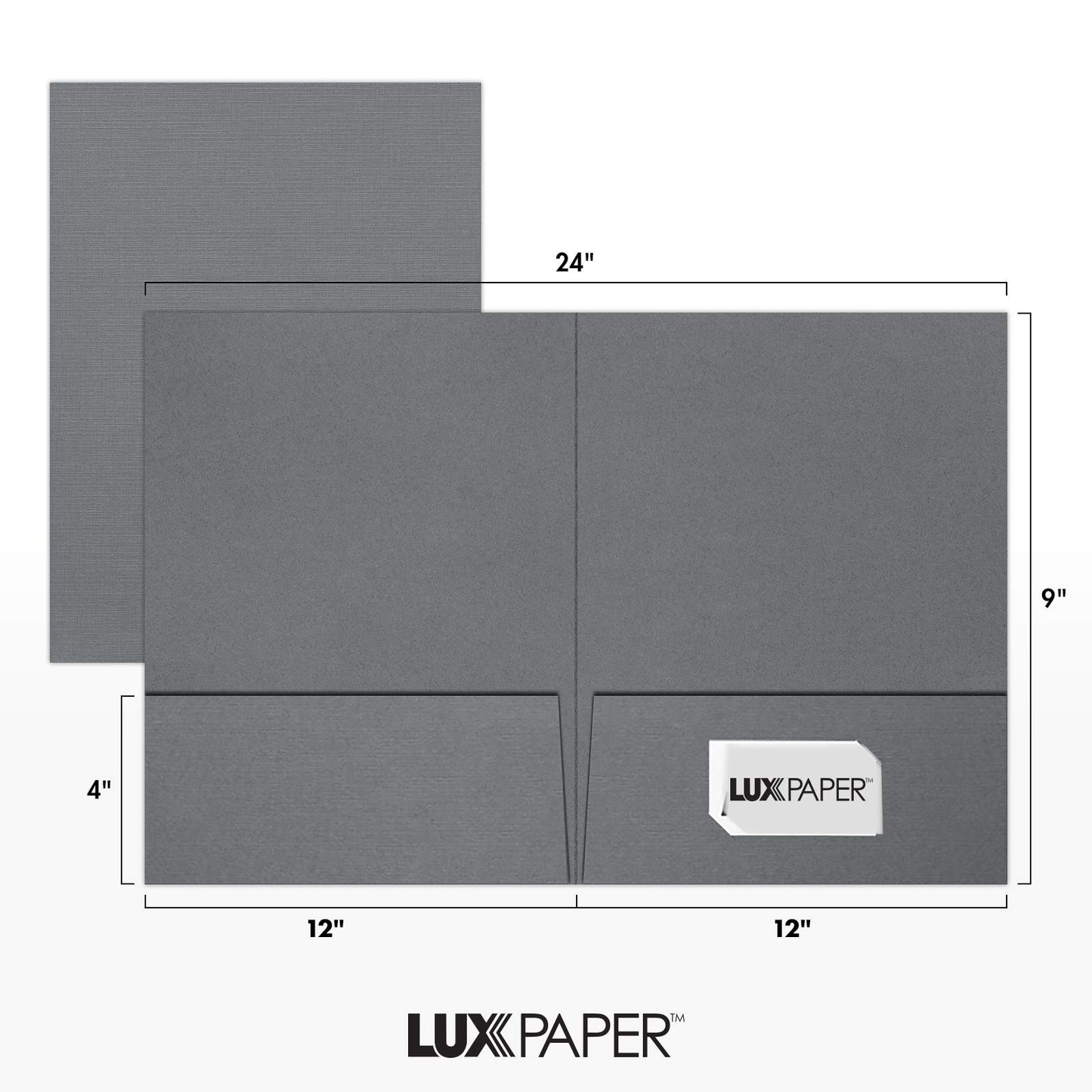 LUXPaper 9" x 12" Presentation Folders | Two Pocket | Front Cover Card Slits (Lower Right) | Sterling Gray Linen | 100lb. Cover | 25 Qty