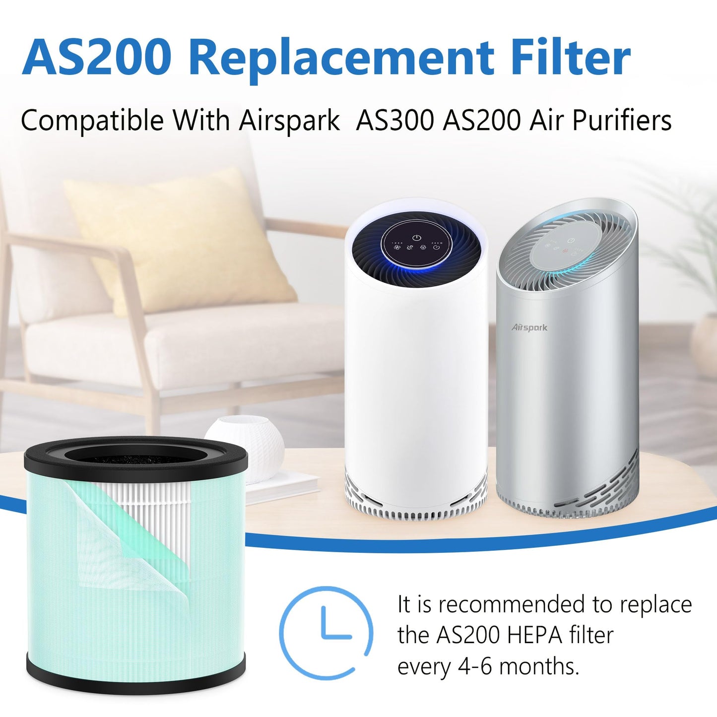 AS200 H13 True HEPA Replacement Filter Compatible with Airspark AS200 AS300 Purifier, 4-in-1 True HEPA Filter High-Efficiency Carbon Filter Filtration,2 packs Green