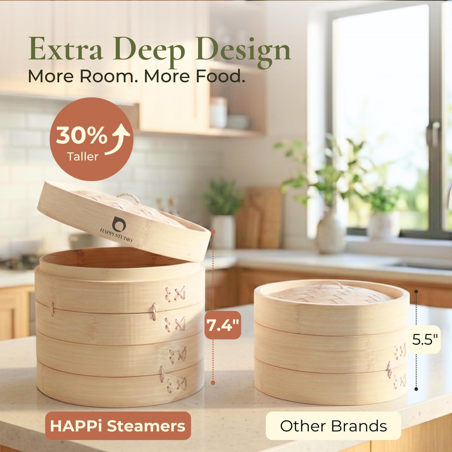 HAPPI STUDIO Bamboo Steamer Basket Set - 10 Inch Large Dumpling 2 Tier for Pots - Asian Cooking Dim Sum Bao Buns Momo Rice - Natural Chinese Steam Baskets Kit with Stainless Steel Ring (10-inch Extra Deep Bamboo Steamer w/ Ring)