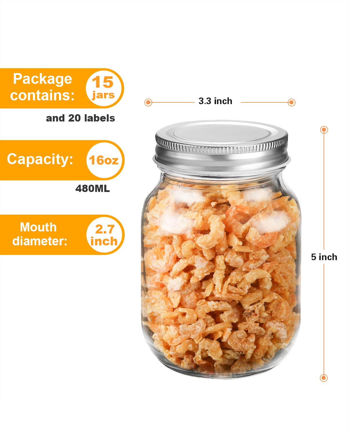 Rainforce 16 oz Mason Jars With Lids Regular Mouth 15 Pack-16oz Glass Jars with Silver Lids,Bulk Pint Clear Glass Jars For Meal Prep, Food Storage With 20 Labels