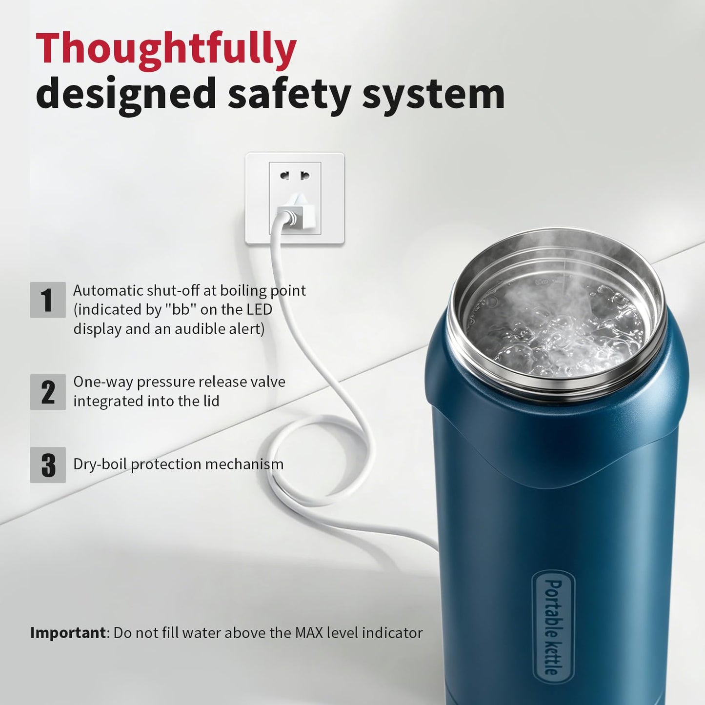 Insulated Stainless Steel Travel Electric Kettle Small, Smart Water Bottle with 4 temperature control, Leak-Proof, Mini Travel Essentials Portable Office Gifts for Tea Lovers, Dark Blue