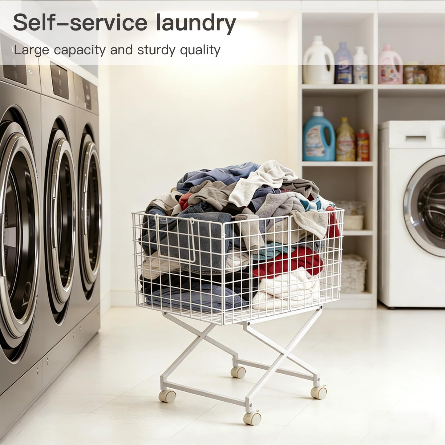 Rolling Laundry Basket with Wheels - 27" Elevated Wire Laundry Hamper, 80L Sturdy Metal Laundry Cart, 10-Min 8-Screw Assembly, Ergonomic No-Bending Mobile Clothes Bin for Laundry Room (White)