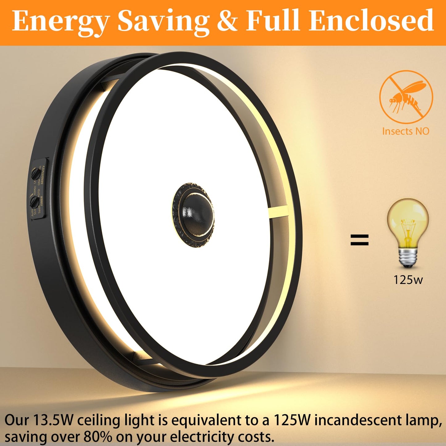 OYKYOHEI Motion Sensor Outdoor Ceiling Light, Flush Mount LED Ceiling Light Fixture, 12" Dusk to Dawn Porch Lights for Outdoor Ceiling, Black Ceiling Lamp for Entryway, Garage, Hallway