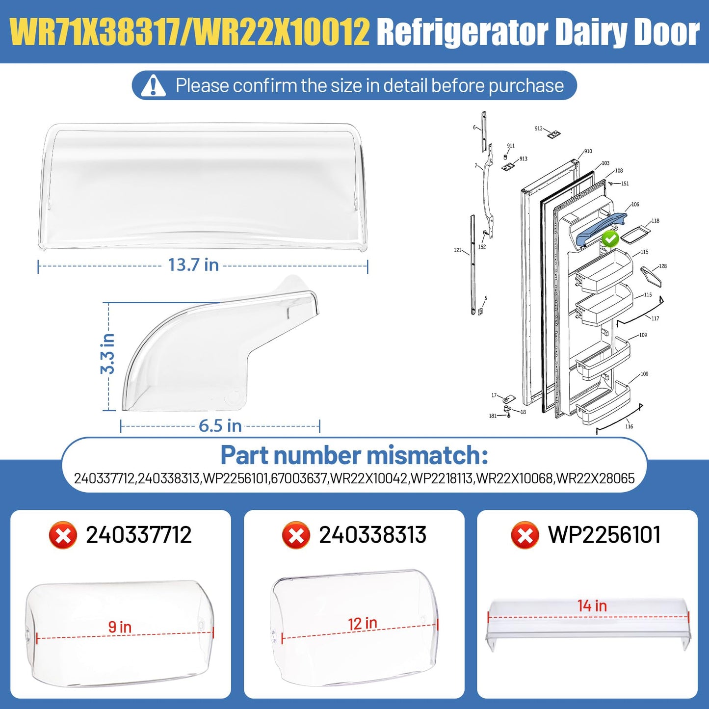 WR22X10012 WR71X38317 Refrigerator Dairy Door Compatible With Hotpoint GE Dairy Bin Cover, Refrigerator Door Dairy Replaces AP7175676 AH295579 EA295579 879748 AH295579 PS16619589