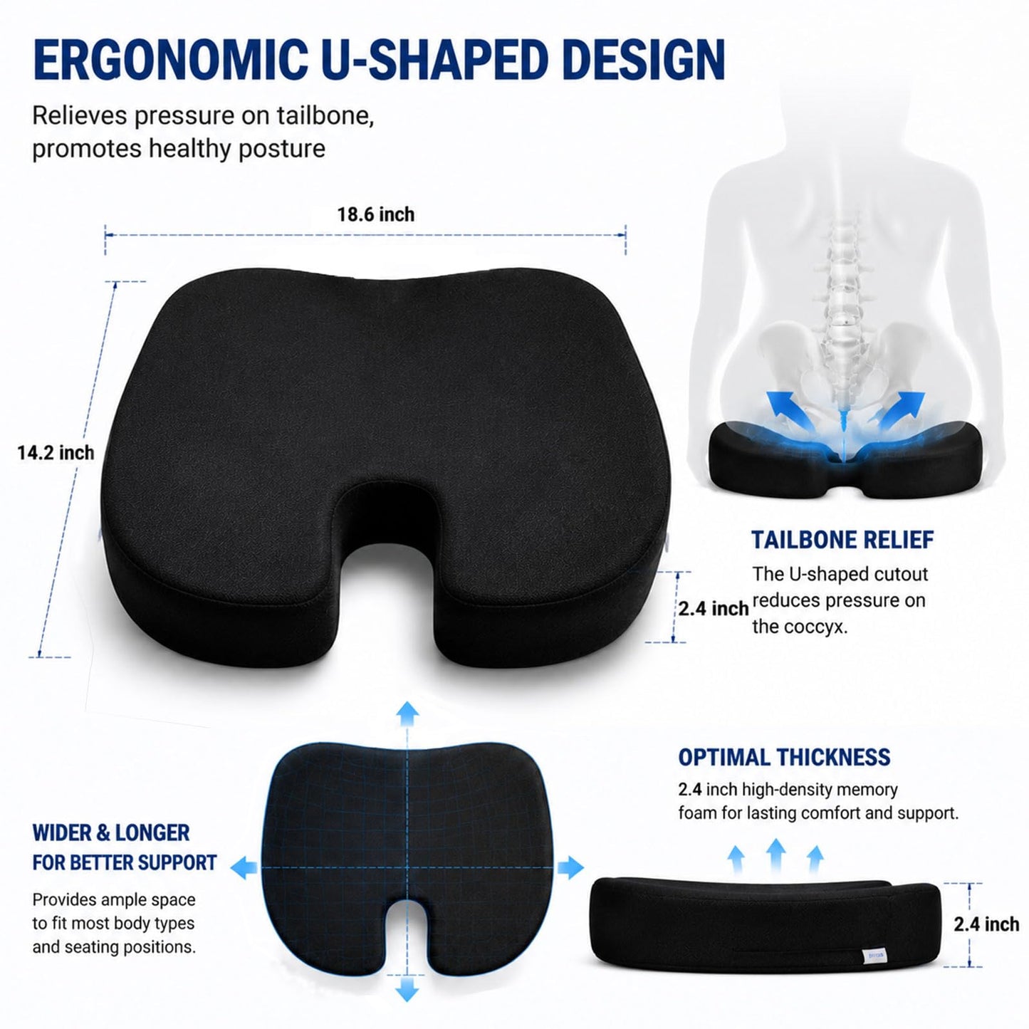 Seat Cushion for Long Sitting, Cooling Gel Memory Foam Seat Cushion - Back, Sciatica, Coccyx, Tailbone Pain Relief - for Office Chairs, Car Seat, Wheelchair Sitting Cushion (Black)