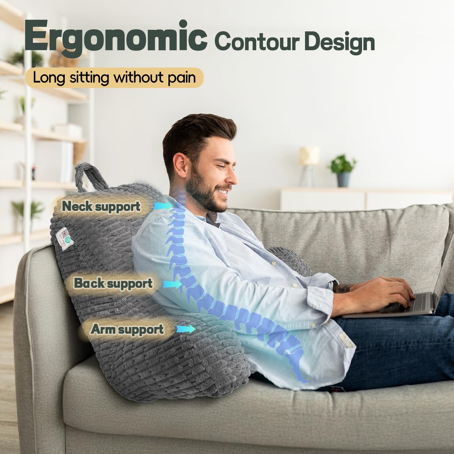 LUISOF 21" Higher Large Reading Pillow for Bed Adult, Back Pillow for Bed Sitting Up with Memory Foam Back Support with Arms Rest for Couch Chair Gray