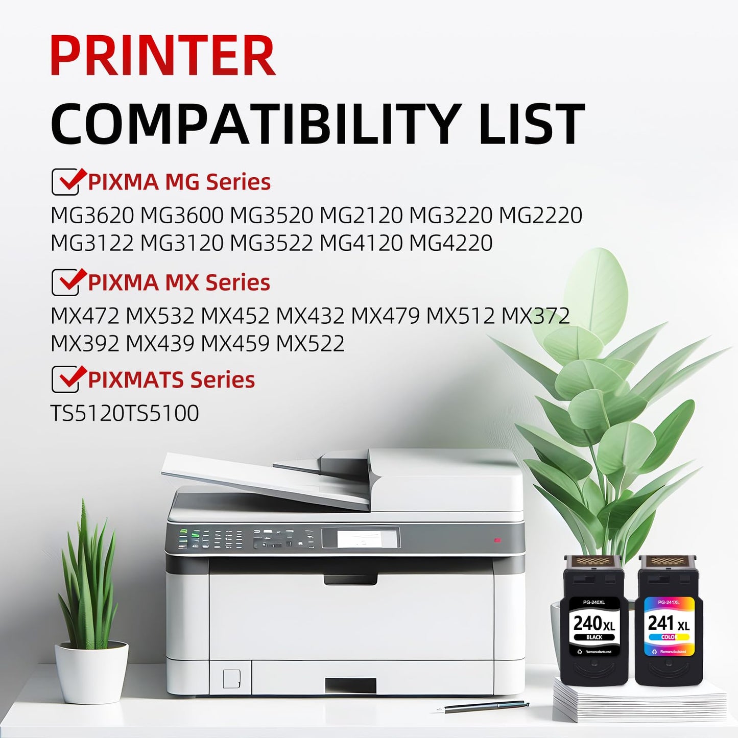 myCartridge PG240XL/CL241XL Combo Pack Remanufactured Replacement for Canon Ink 240 241 Combo Pack Compatible with Canon MG3620 Ink Cartridges for MG3600 TS5120 MG3520 MG2120 MX472 Printer, 2 Pack