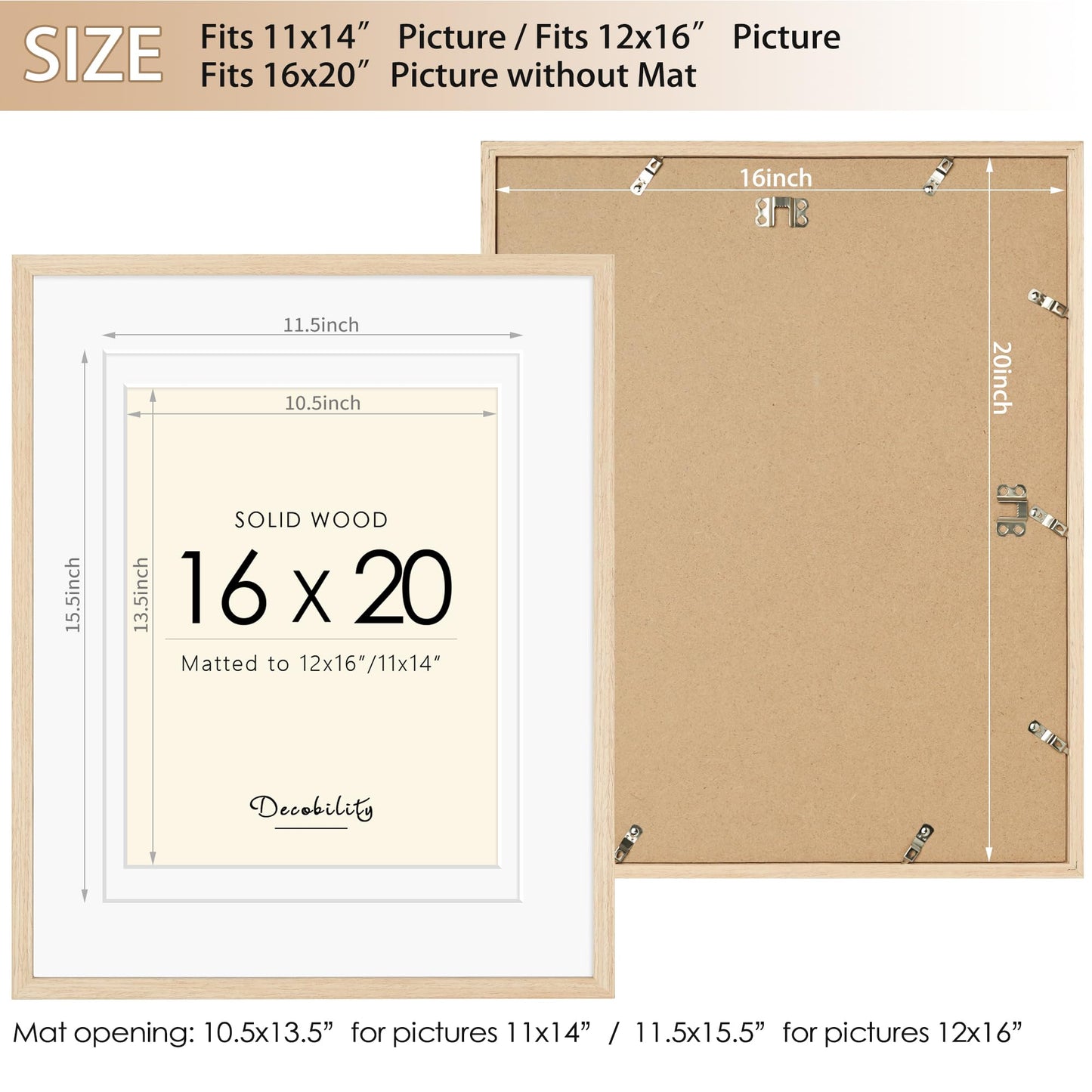 Decobility 16x20 Picture Frames Matted for 11x14 and 12x16 Picture, Set of 3 Solid Wood Picture Frame with Plexiglass, Wall Gallery Frame Set for Tabletop or Wall Mounting Display (3 Pack of Oak)