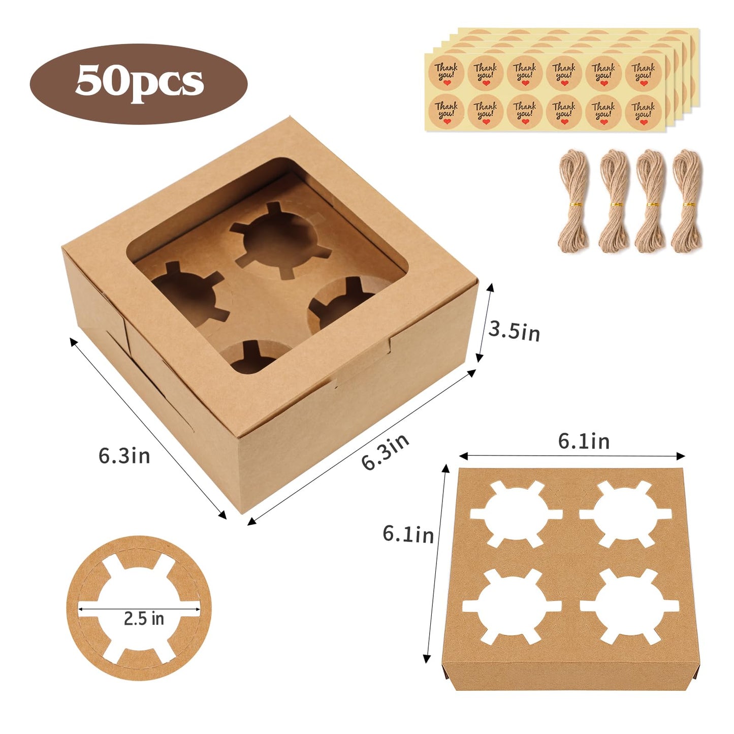TOMNK 50 PCS Cupcake Boxes with Window, 6.3x6.3x3 Inch Cookie Boxes, Brown Bakery Containers for Pastry, Dessert, Chocolate Strawberries, Treat Boxes with Stickers and Jute Twine