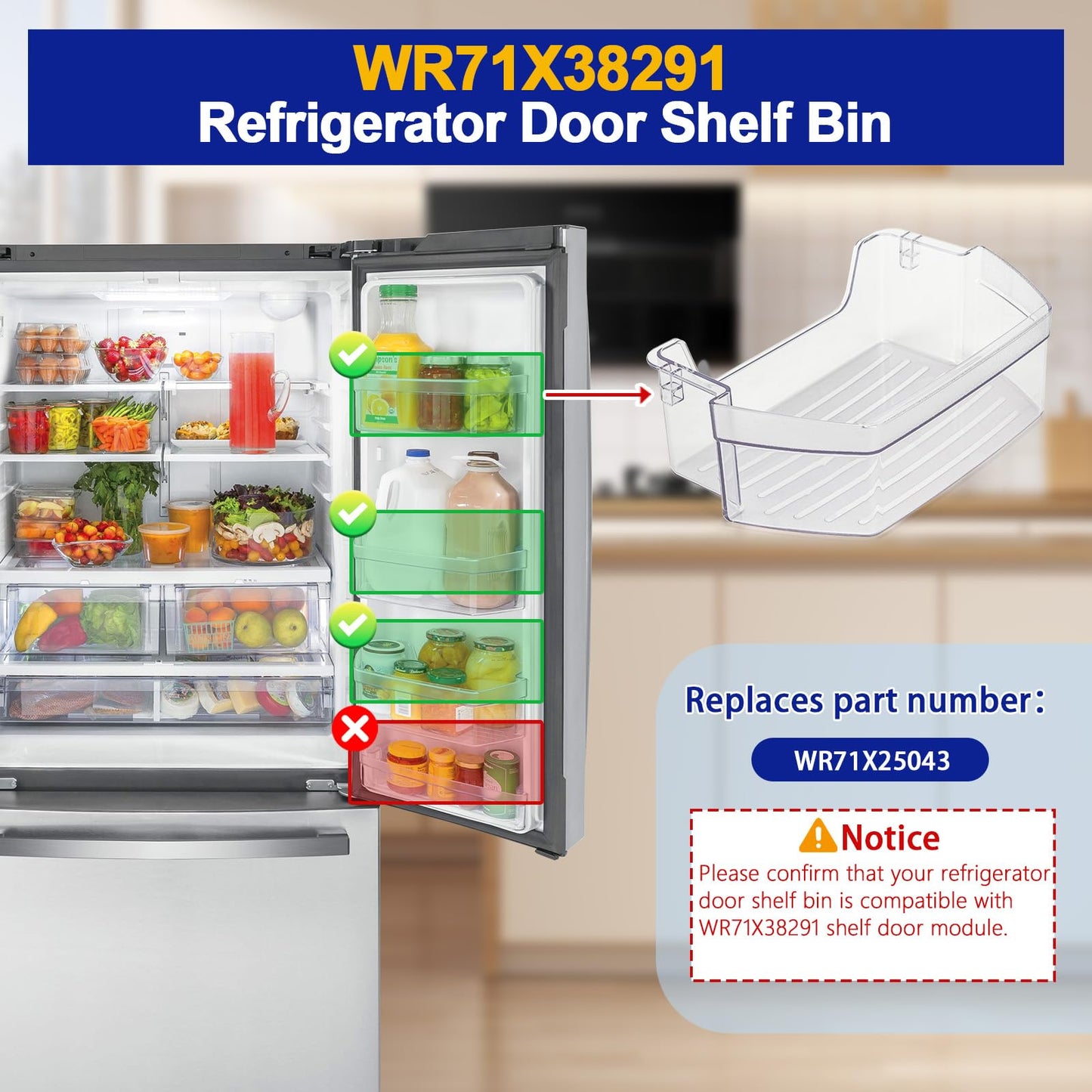 iouxvt WR71X38291 Refrigerator Door Shelf Bin Compatible with GE GFE24JSKGFSS GYE18JSLKFSS GWE19JSLGFSS, WR71X38291 Refrigerator Shelf Door Module Replace WR71X25043 AP7186348