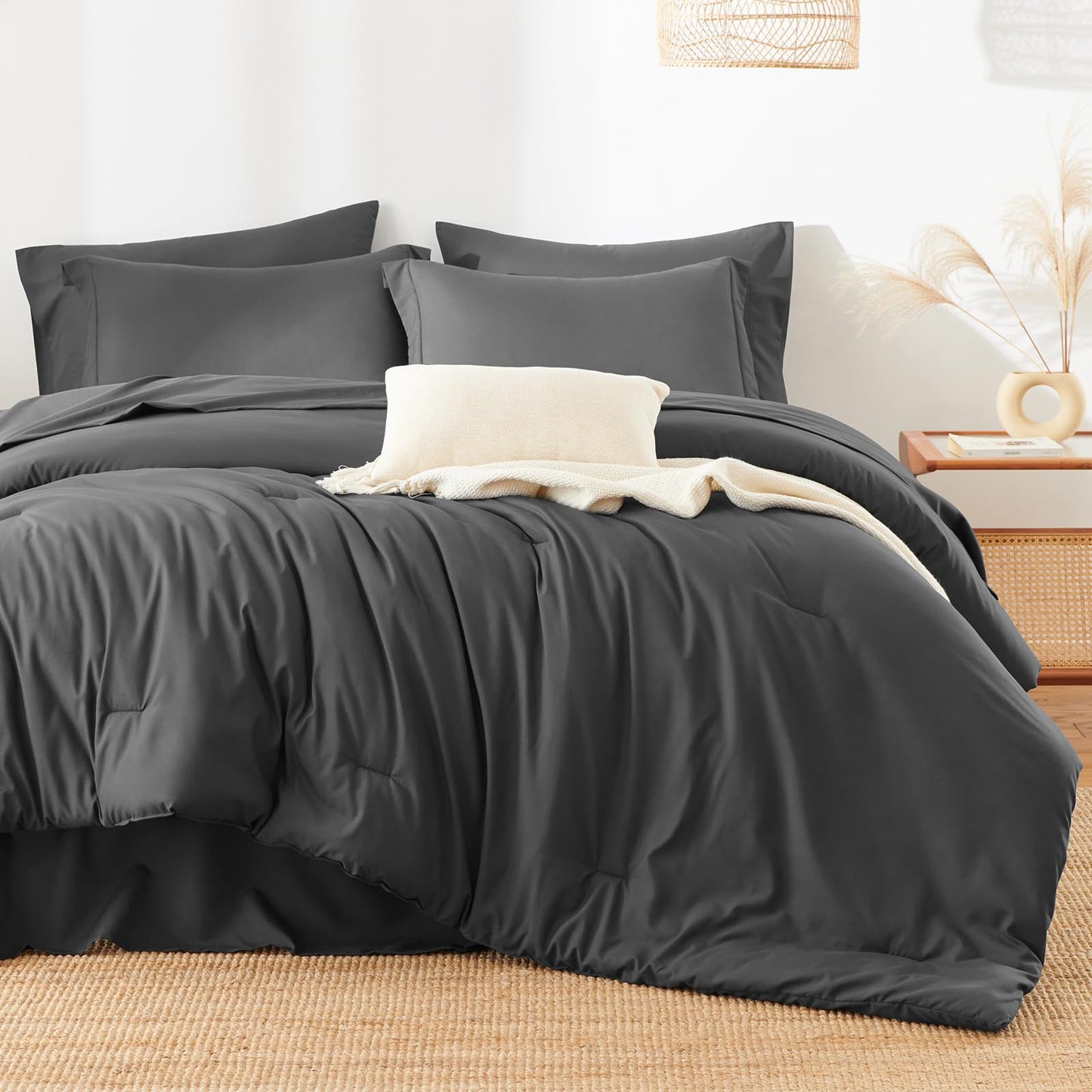 HIMEET Full Size Comforter Sets - 7 Pieces Bed in a Bag Full, Luxury Comforter Set with Sheets for All Season, Bed Set with Comforter, Flat Sheet, Fitted Sheet, Pillowcases & Shams, Dark Grey