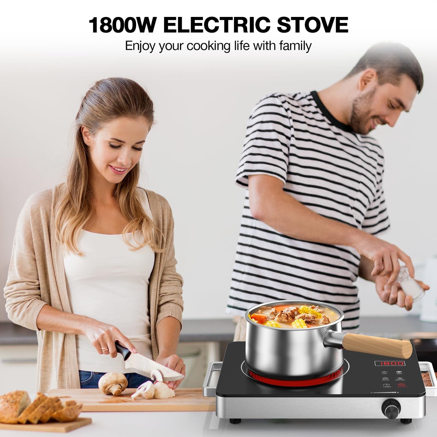 Portable Electric Cooktop 110V, 1800W Electric Stove Infrared Hot Plate with Knob Control, Nafewin Single Burner Countertop Burner with Handle, 4-Hours Timing Setting, Compatible for All Cookwares