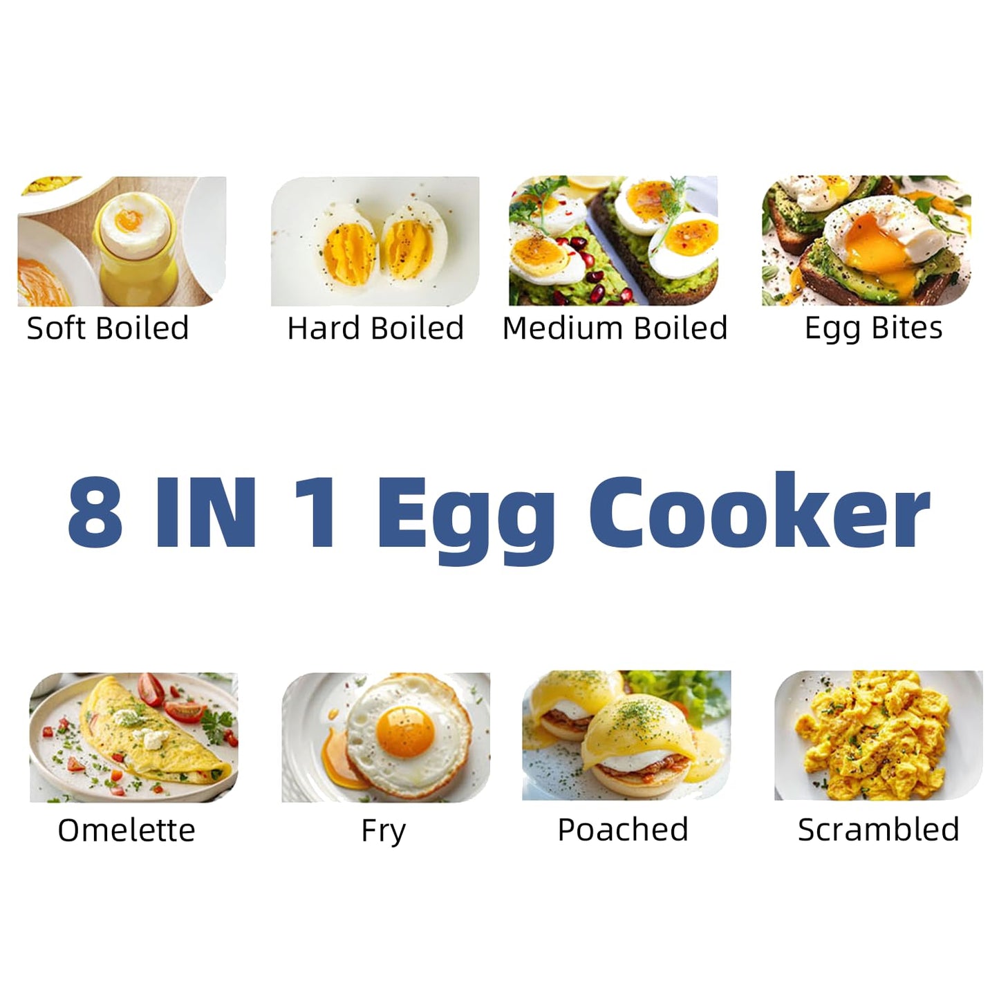 Loftychef 8-in-1 Electric Egg Cooker, Rapid Egg Boiler for Hard, Soft & Poached Eggs, Egg Bite Maker, Auto Shut-Off, 8 Egg Capacity, Breakfast Maker for Meal Prep, Apartment, Office, Dishwasher Safe