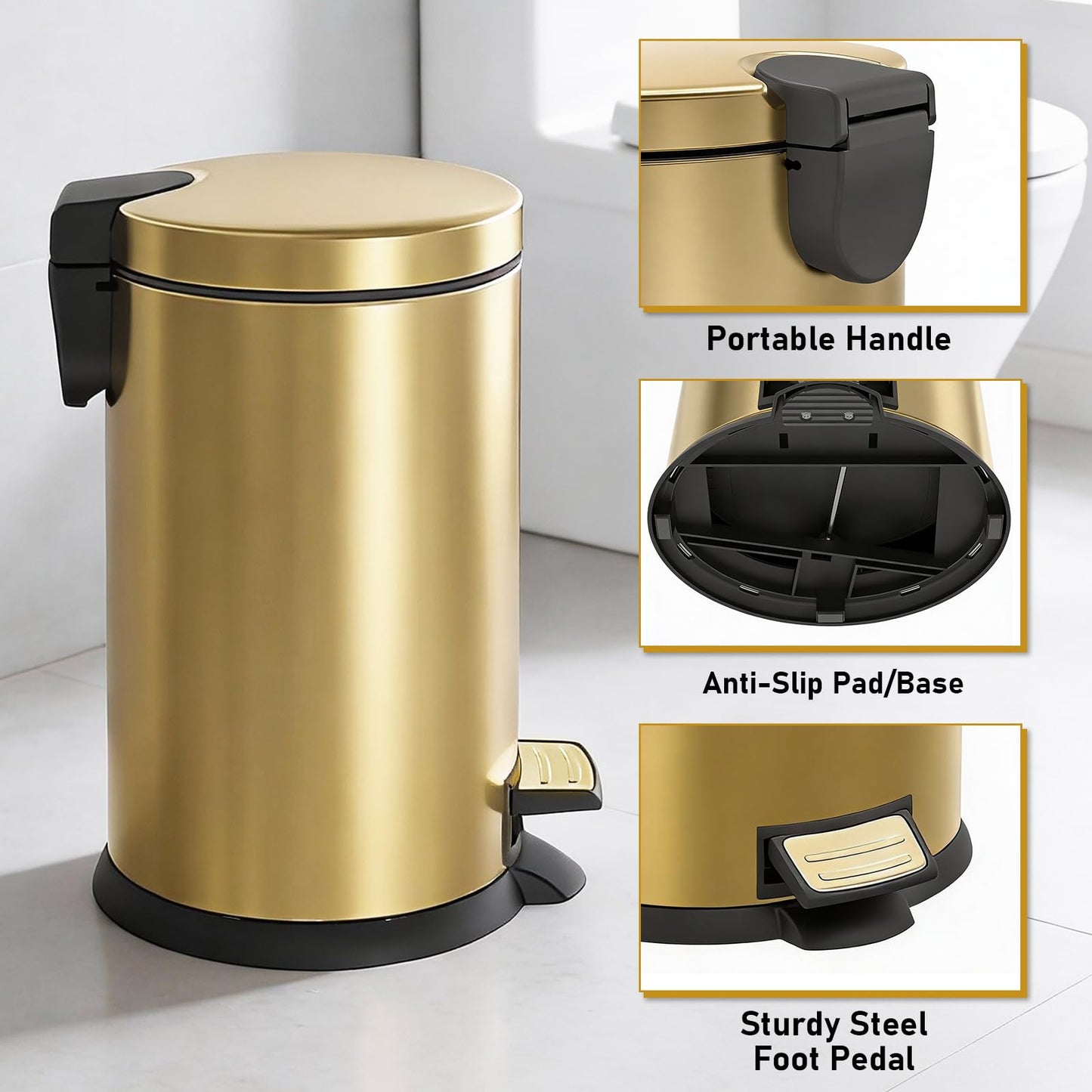 SIMPLYKLEEN Bathroom Trash Can with Lid - 2PC 1.3 Gallon/ 5L Oval Small Trash Can with Soft-Close Lid, Foot Pedal, Brushed Stainless Steel, Removable Liner, Garbage can for Kitchen, Office, Home Gold