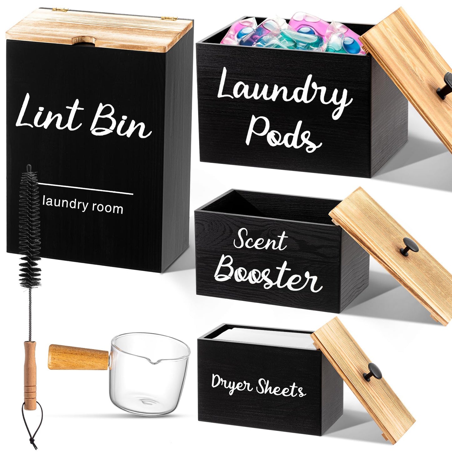Dandat 4 Pcs Magnetic Laundry Room Organization and Storage Set, Lint Bin with Scoop and Brush Dryer Sheet Holder Laundry Pod Holder Scent Booster Container, Wood Farmhouse Room Container Gift(Black)