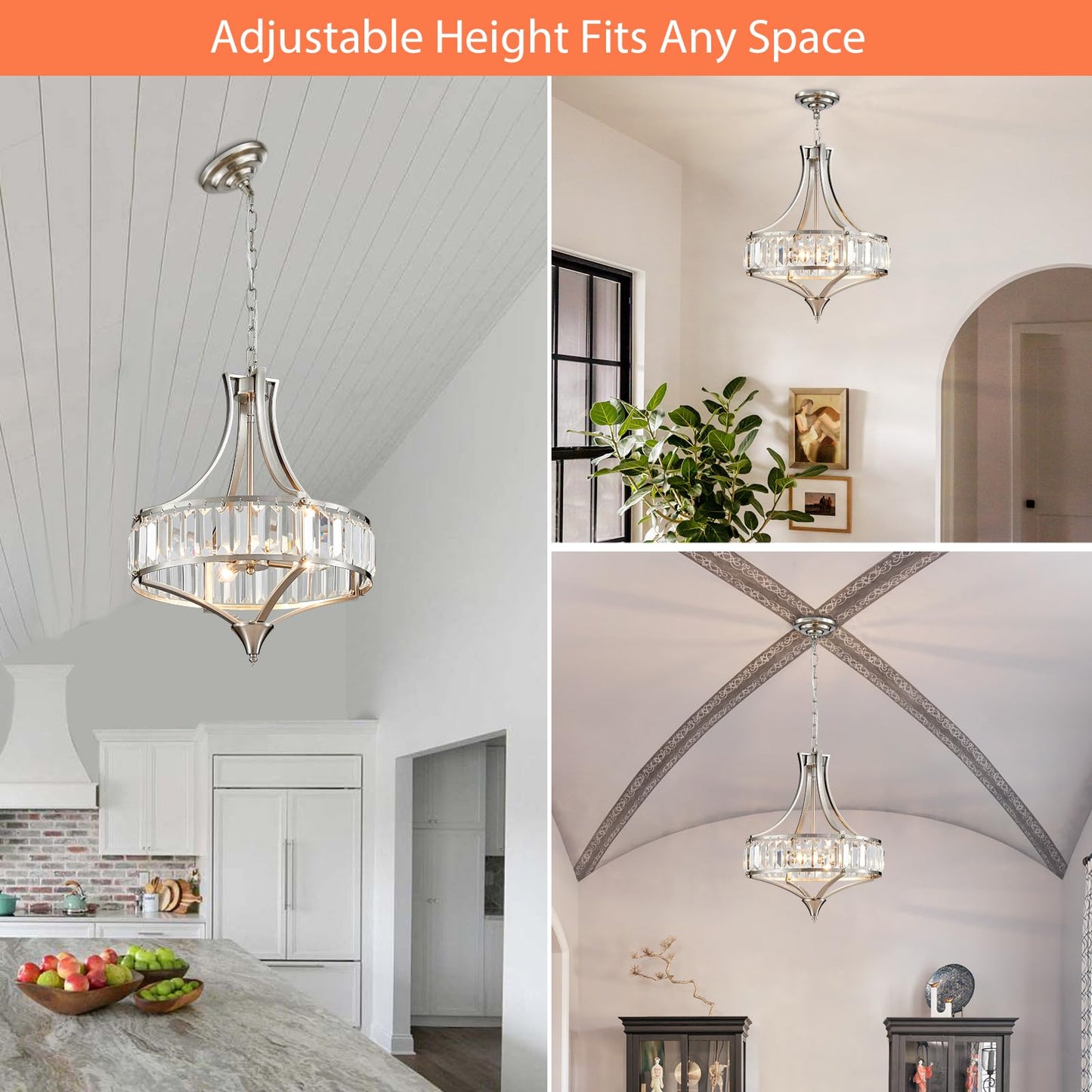 Majhoiw Crystal Chandeliers for Dining Room, Round Rustic Farmhouse Chandelier, Metal Shade, 4-Light Modern Brushed Nickel Chandelier for Hallway, Bedroom, Foyer