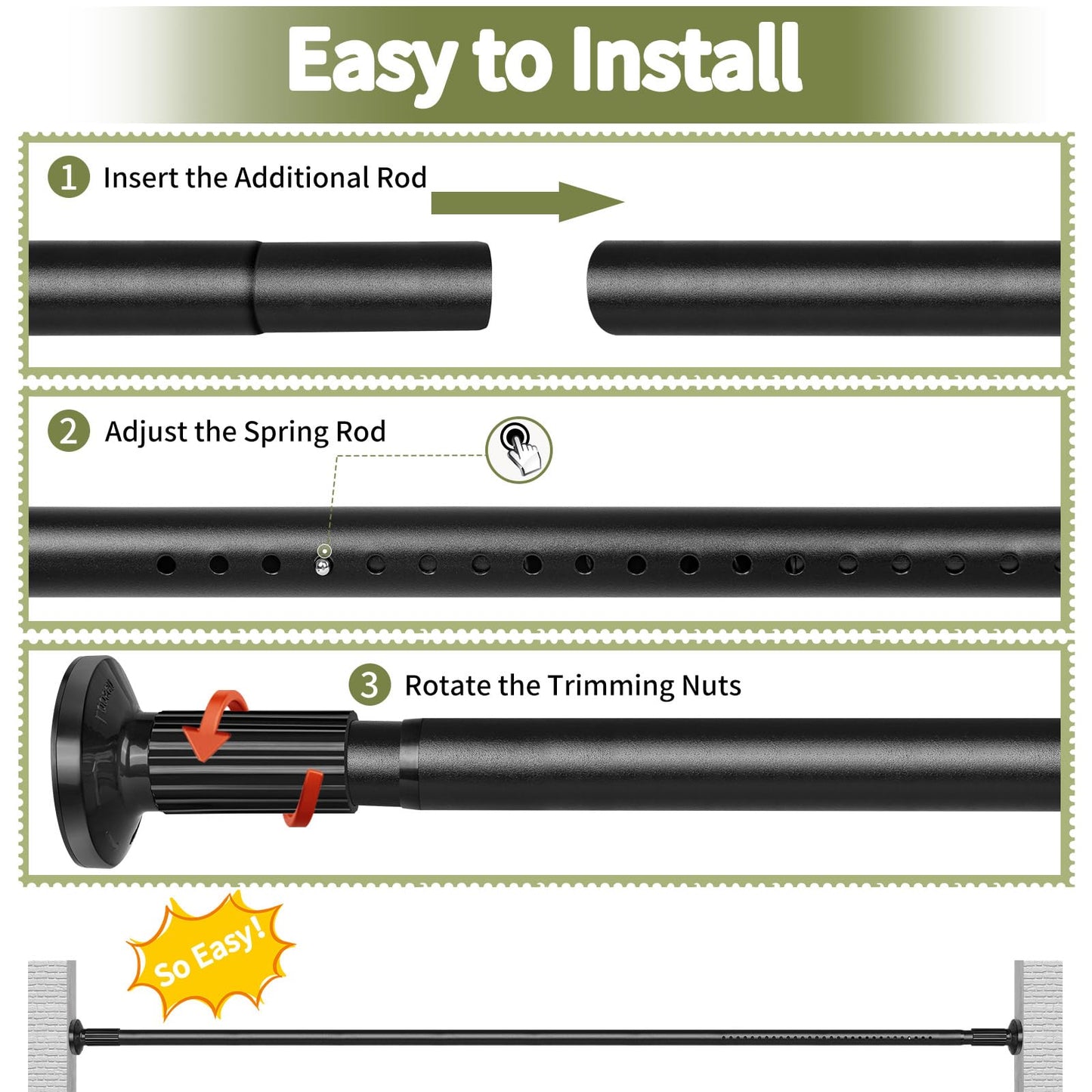 Tension Curtain Rod 51-165In(4.25-13.75Ft), Extra Long Outdoor Curtain Rod No Drilling for Window or Bathroom Patio, Adjustable Spring Shower Rod, Easy to Install Never Rust, Rod Diameter 1.26In-Black