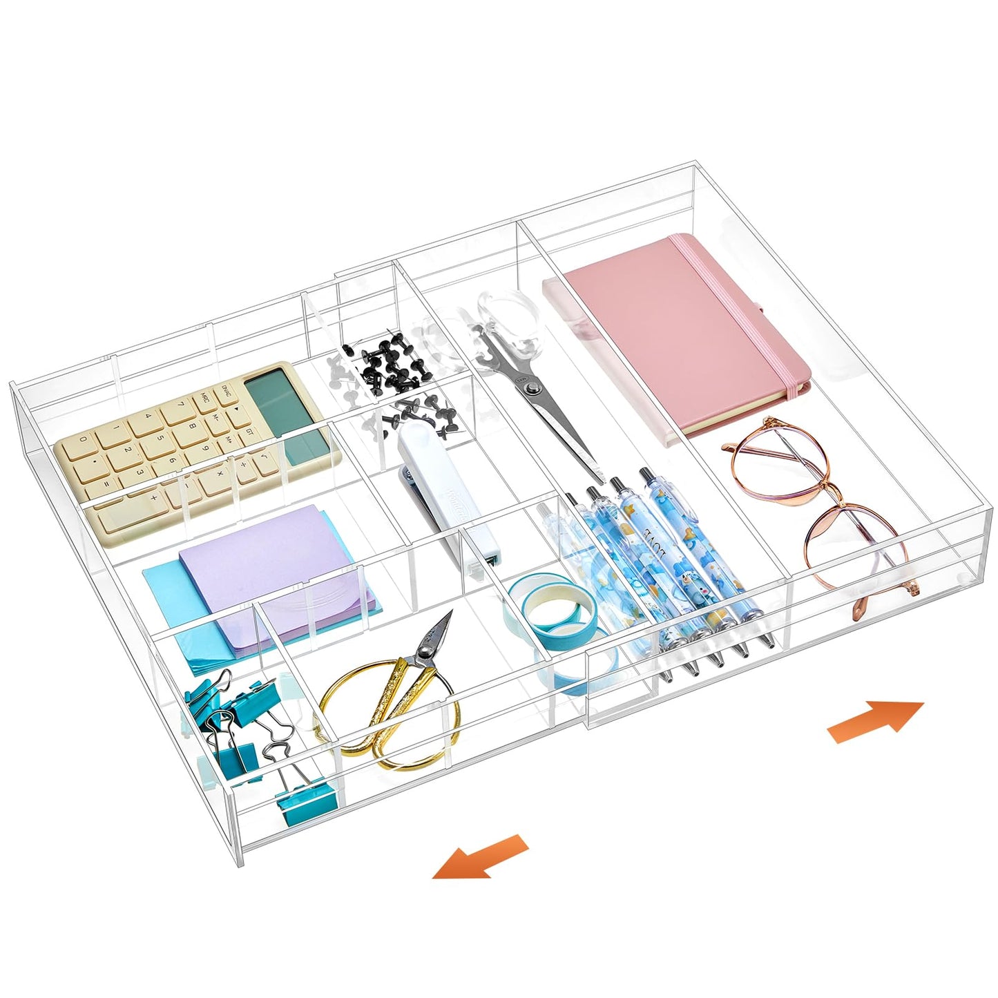 Briwooody Acrylic Drawer Organizer Clear Desk Drawer Organizer Trays with Adjustable Compartments Desk Accessories for Office Stationery Makeup Silverware Bathroom(Expandable)