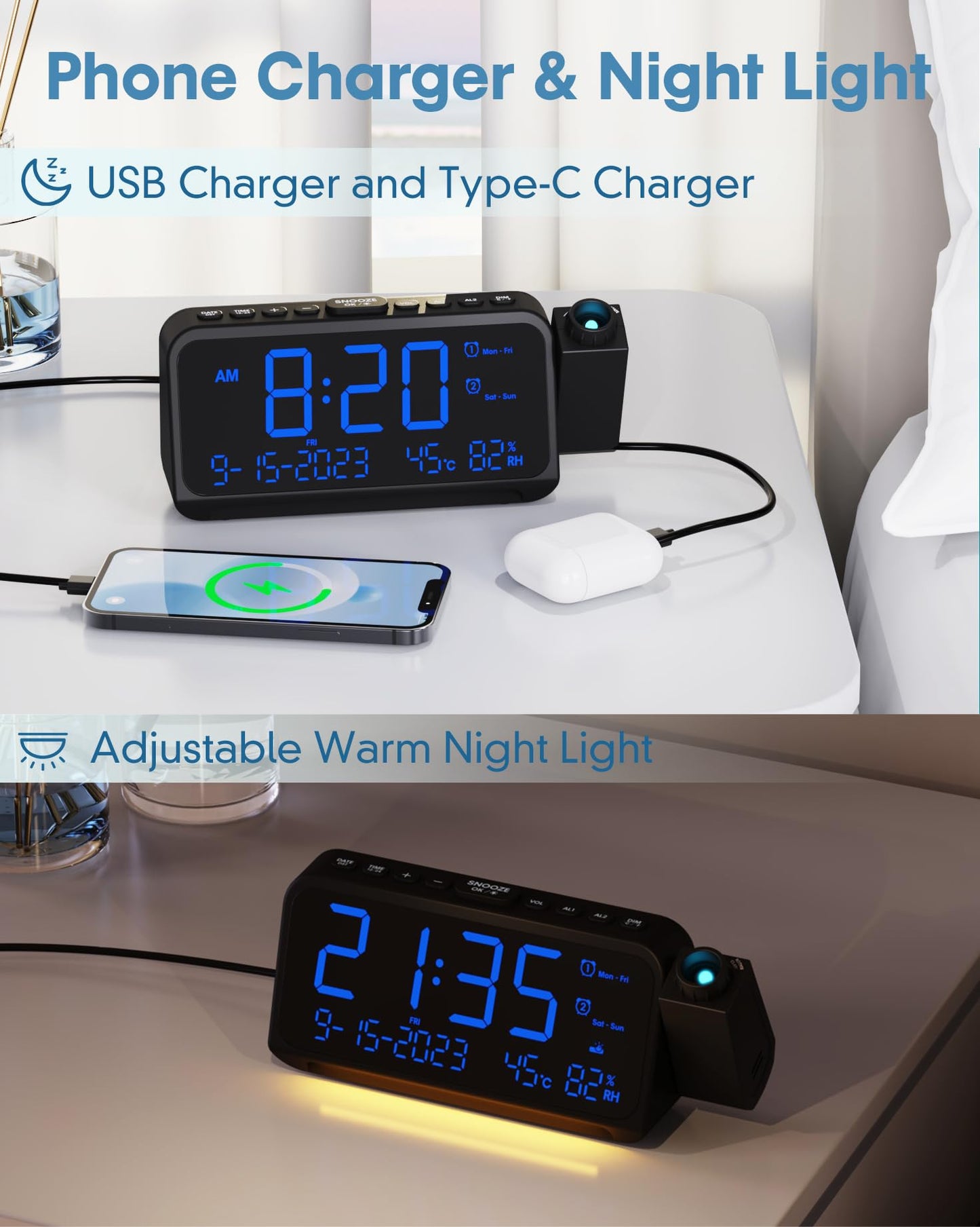 Roxicosly Projection Alarm Clock for Bedroom Ceiling, 118 dB Super Loud for Heavy Sleepers, 6.7" Large Digital Dimmable Display with Day Date Indoor Temp Humidity, Dual Alarms Adjustable Volume