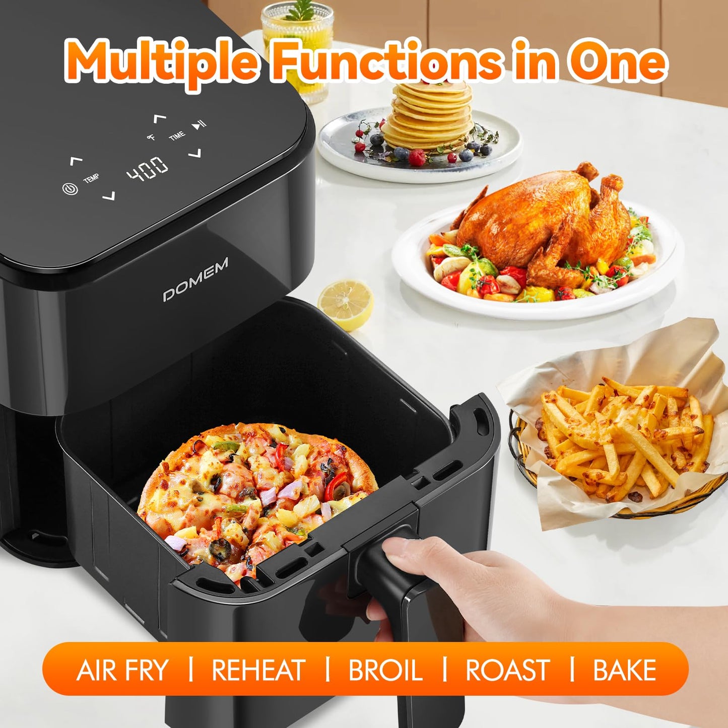 DOMEM 3 Qt Compact Air Fryer with Non-Stick Basket and Rack, User Friendly Simple Touchscreen, Cook in Simple Steps, Low-Oil Cooking Small Air Fryer, Space Saving Cooker