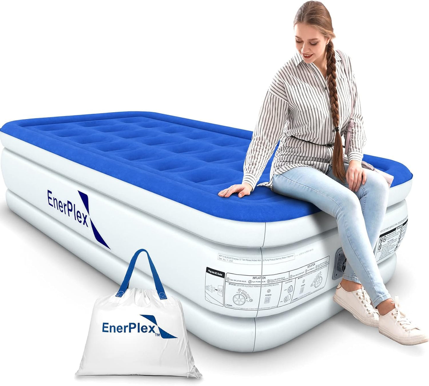 EnerPlex Twin Air Mattress with Built-in Pump - 16 Inch Double Height Inflatable Mattress for Camping, Home & Portable Travel - Durable Blow Up Bed with Dual Pump - Easy to Inflate/Quick Set Up﻿