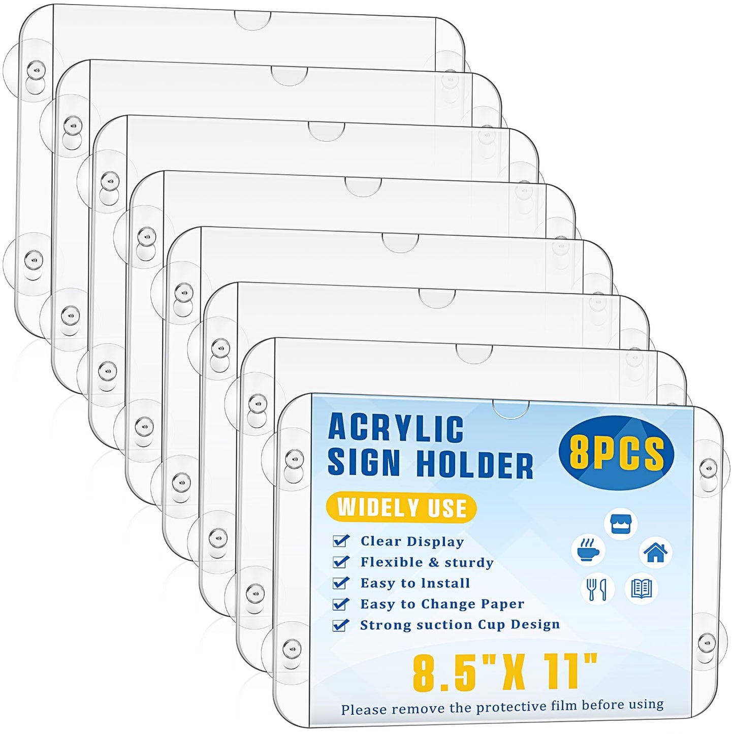 Handepo 8 Pack Acrylic Window Sign Holder 8.5 x 11 Inch with 4 Suction Cups Clear Frames Glass Door Mount Wall Signage for Office Restaurant Store Menu Display Home Notices (Vibrant Style)