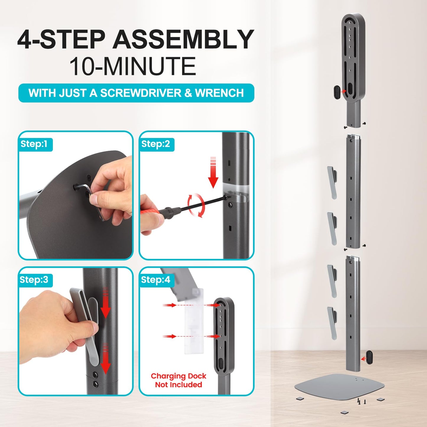 SIOMK Vacuum Stand for Dyson Gen5 V15 V12 V11 V10 V8 V7 V6, Drill-Free Standing Dock with Hidden Cord & Space-Saving Design, Stable Metal Organizer for Cordless Cleaner & Attachments, Easy Assembly