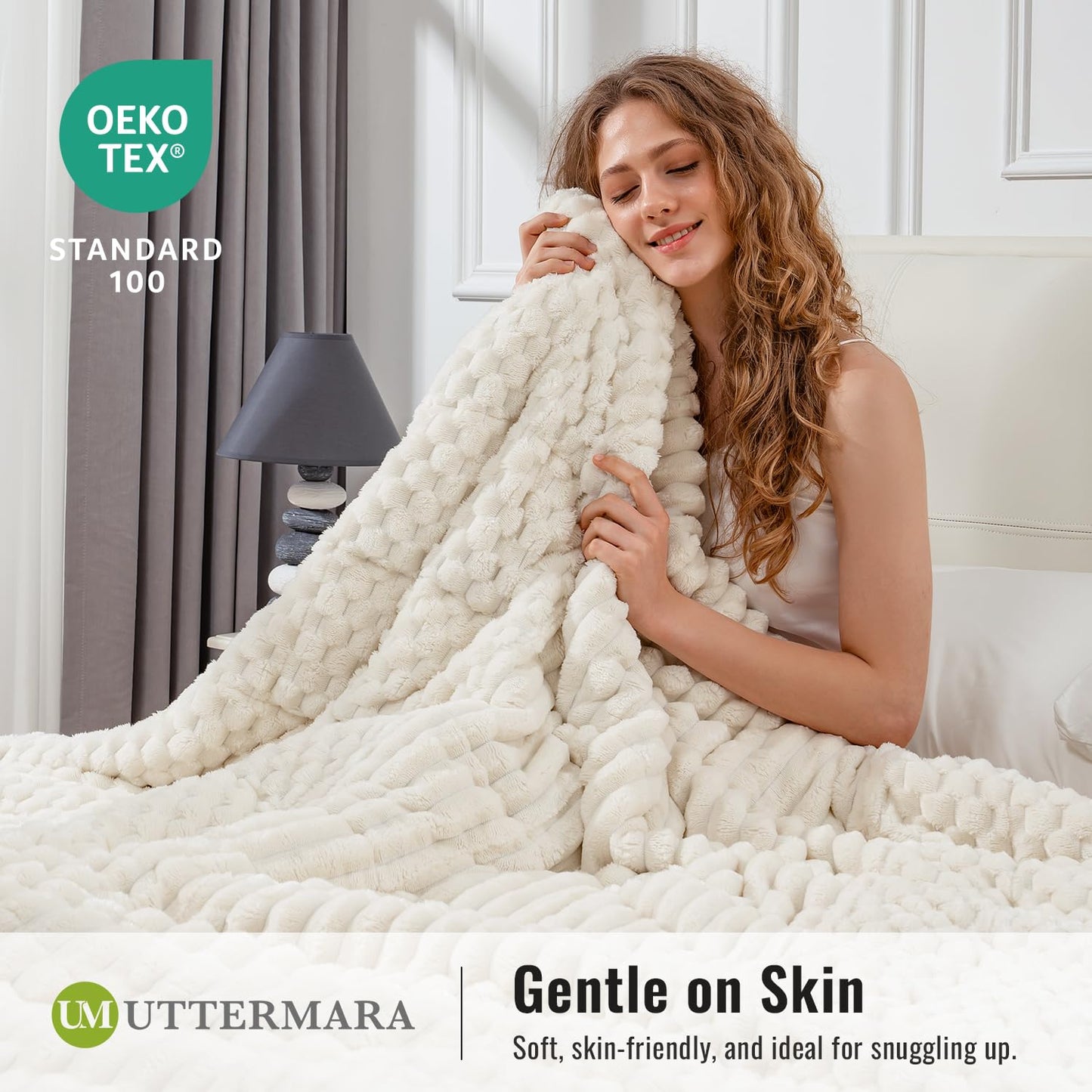 Uttermara Weighted Blanket for Adults Queen Size 15lbs, Soft Cozy Sherpa Fleece Heavy Blanket for Sleep and Calm, Fuzzy Warm Jacquard Bed Blanket, 60 x 80 Inches, Cream White