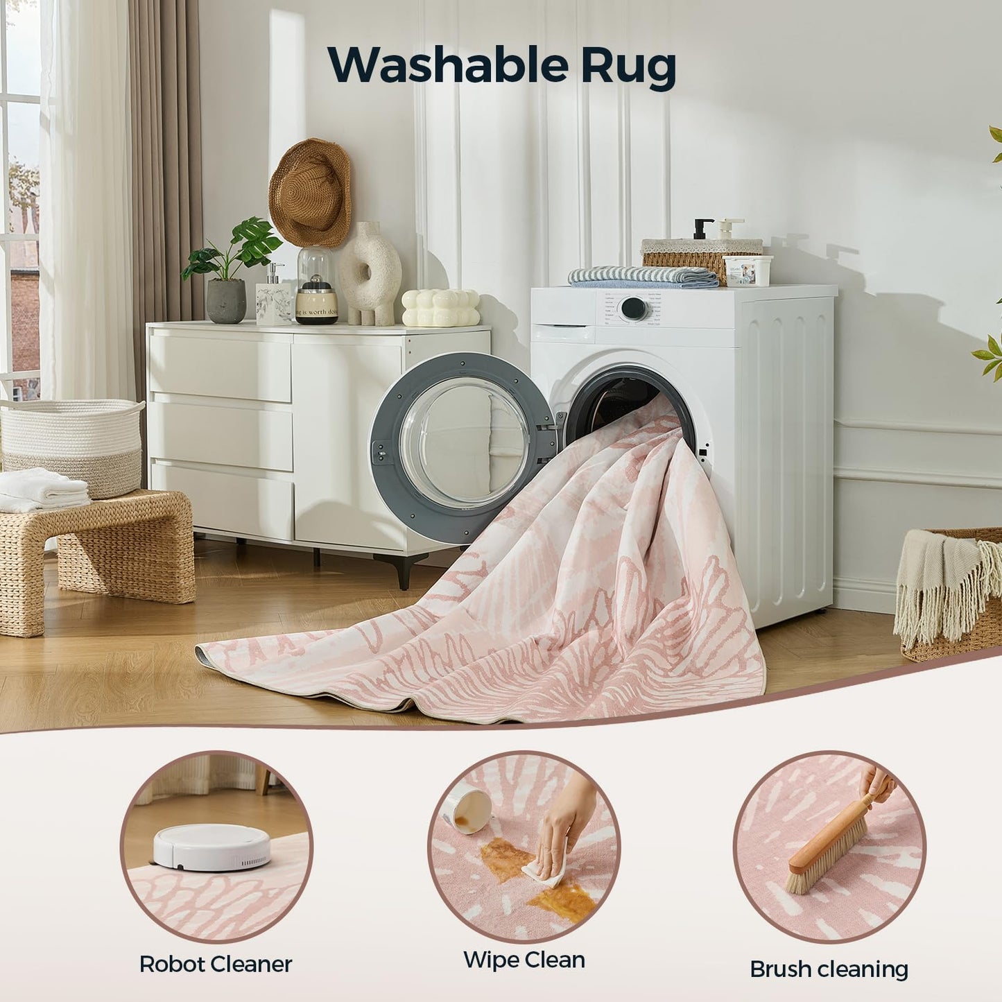 Pink Rugs for Bedroom Girls: 6x9 Modern Large Washable Soft Cute Boho Floral Pattern Area Rug Neutral Indoor Floor Non-Slip Carpet for Living Room Dining Nursery Kids Playroom Baby Room House Decor