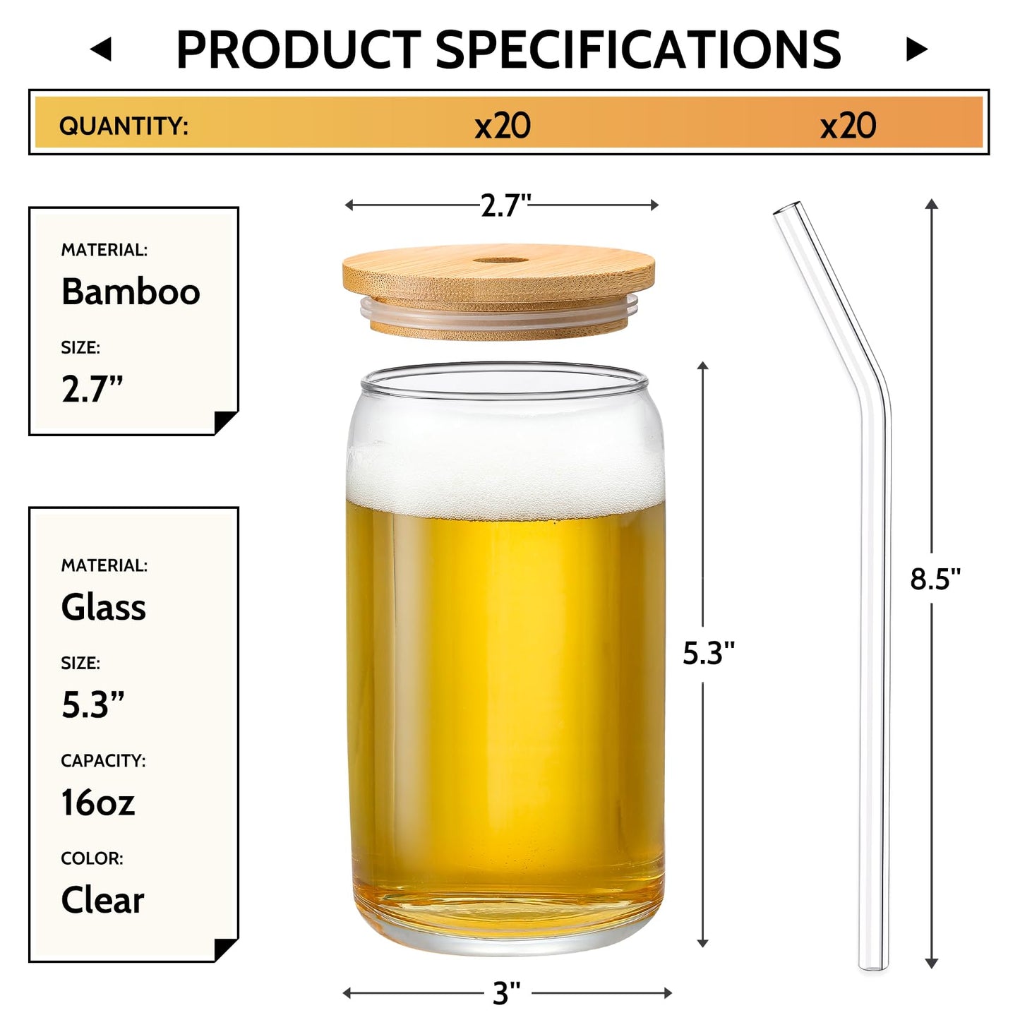 VITEVER [ 20pcs Set ] Glass Cups with Bamboo Lids and Glass Straw - Beer Shaped 16 oz Iced Coffee Drinking Glasses, Cute Tumbler Cup for Smoothie, Boba Tea, Whiskey, Water