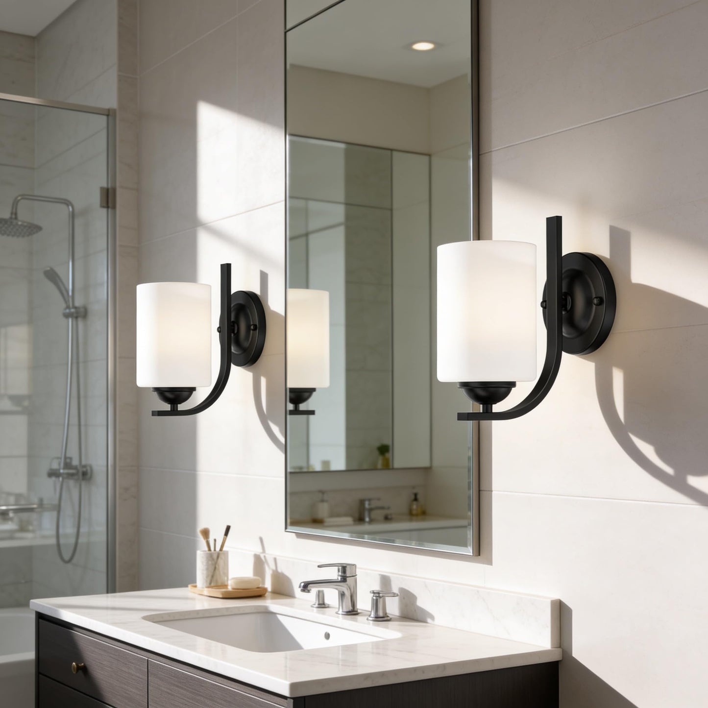Phaosio 2-Pack Wall Sconces for Bedroom and Bathroom, Matte Black Farmhouse Wall Light Fixtures with Glass Shade, Modern Vanity Wall Lamps for Living Room, Hallway, Kitchen