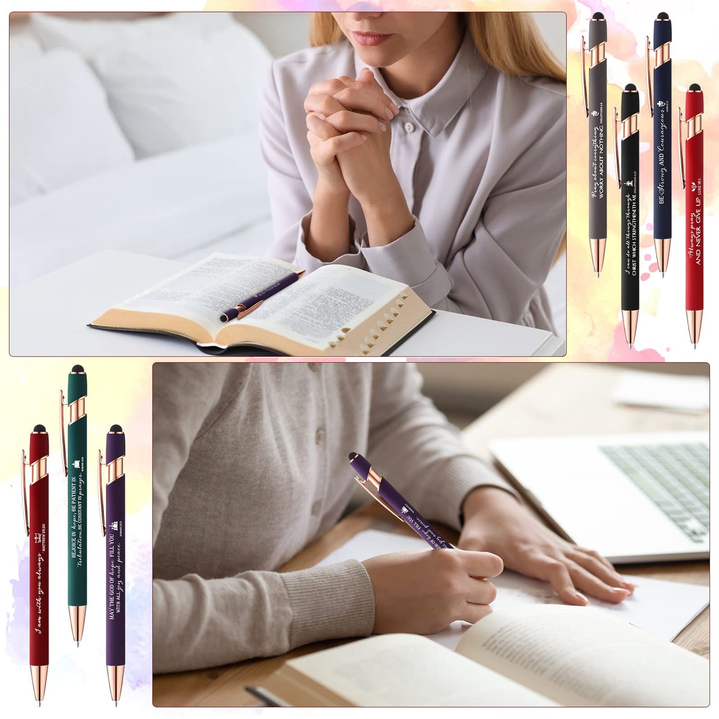 Fumete 49 Pcs Christian Pens with Stylus Tip, 7 Color 7 Quote Bible Verse Ballpoint Pen Inspirational Christian Gift Bulk for Fathers Day Religious Gift Men Dad Husband Women Office Church Graduation
