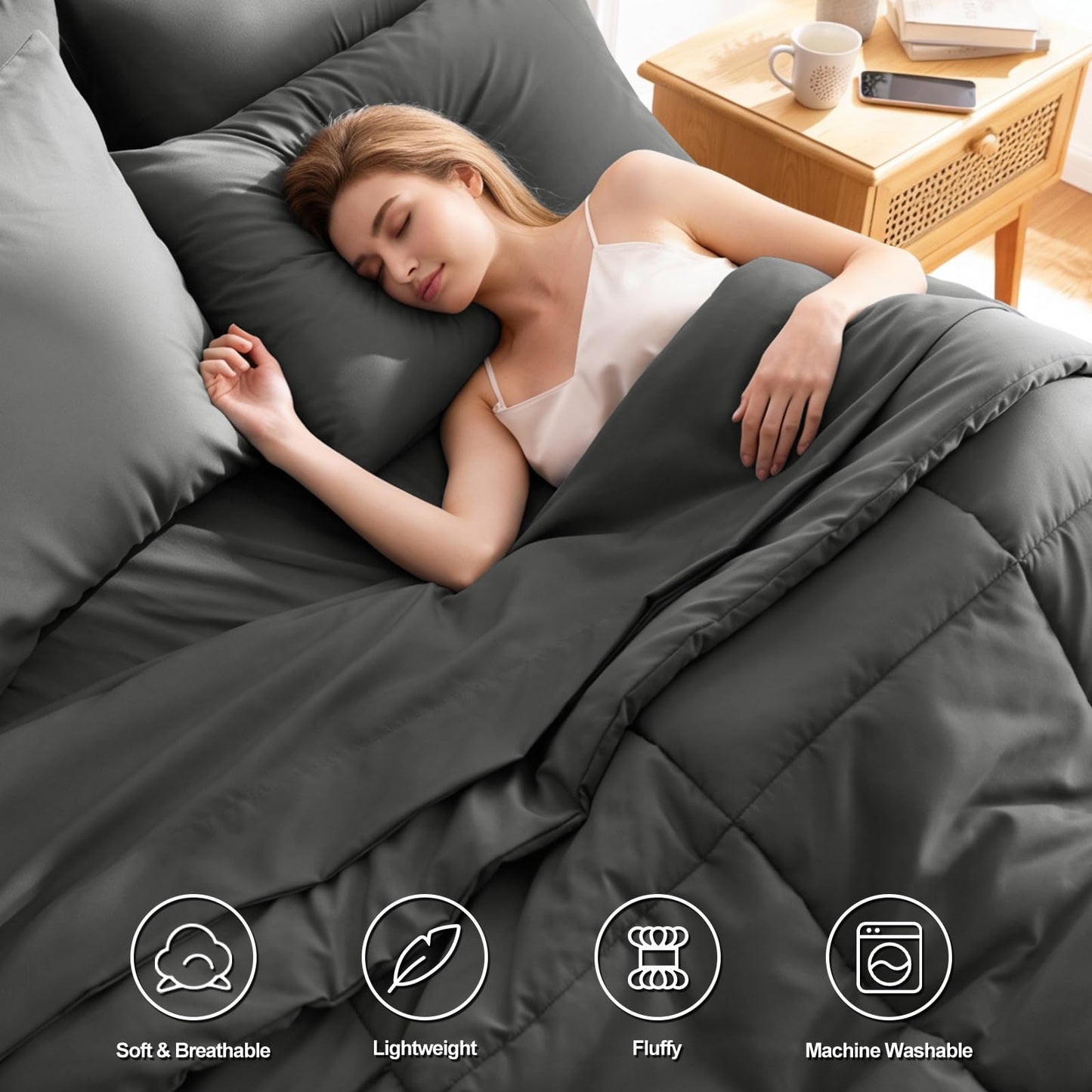 HIMEET Queen Comforter Set Dark Grey, Luxury Soft Bed in a Bag, Fluffy Dark Gray Bed Set Queen Size 7 Pieces, All Seasons Bedding Sets with Comforter, Flat Sheet, Fitted Sheet & Pillowcases
